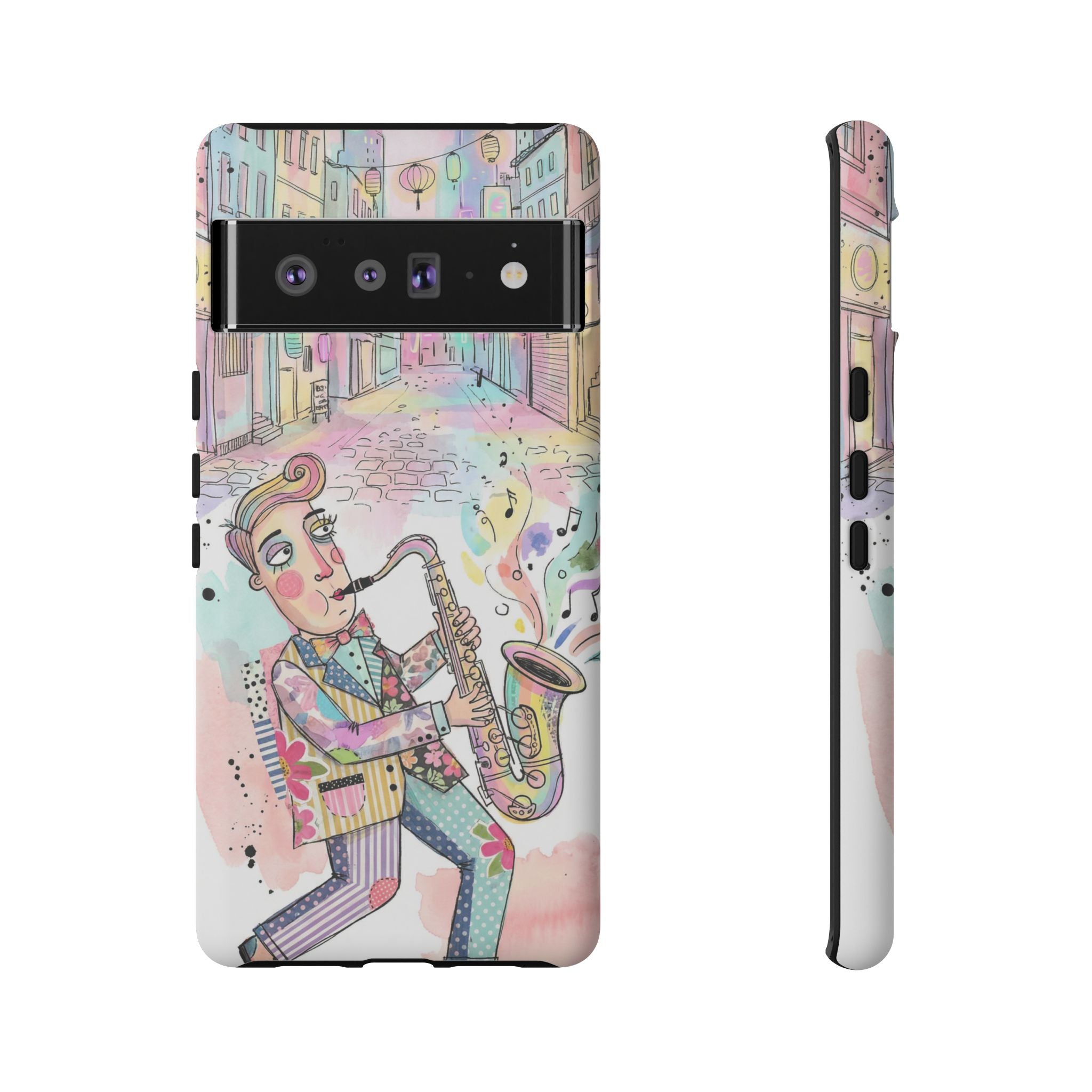 Sax Player Art Google Pixel Phone Case | Pastel Jazz Street Illustration