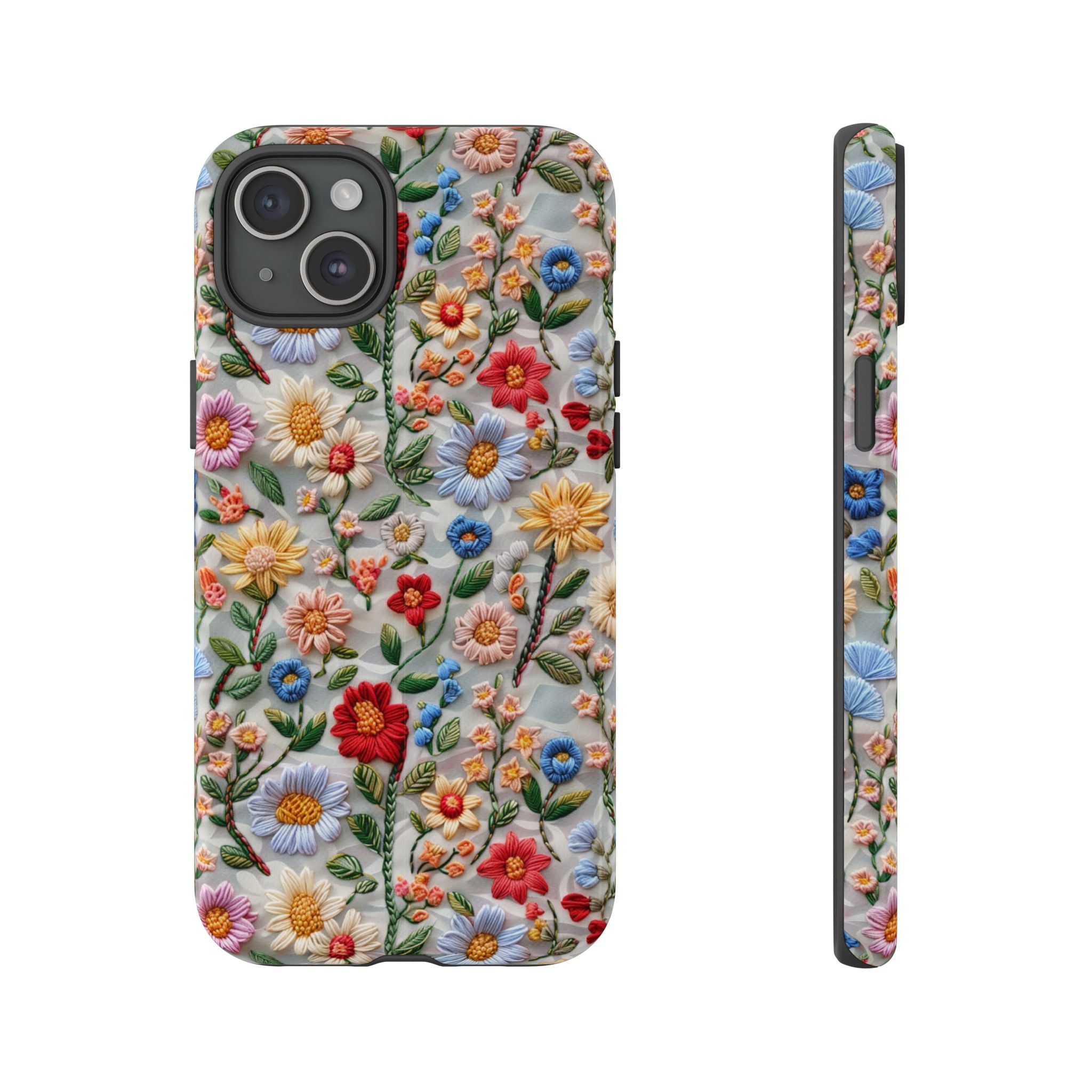 Floral Embroidered Pattern Tough iPhone Case — Colourful Daisy & Wildflower Design