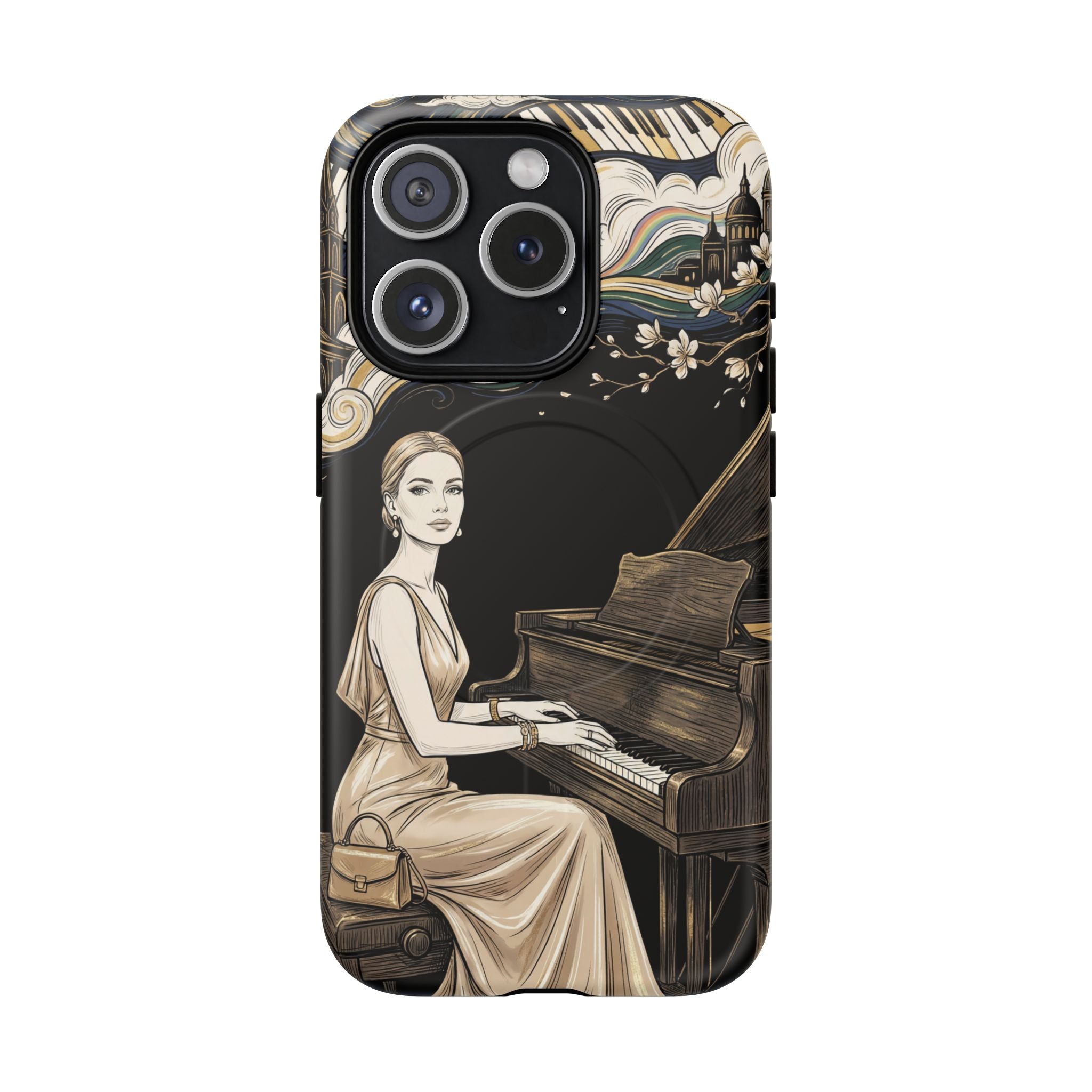 Elegant Piano Woman MagSafe iPhone Case | Vintage Art Deco Music Design