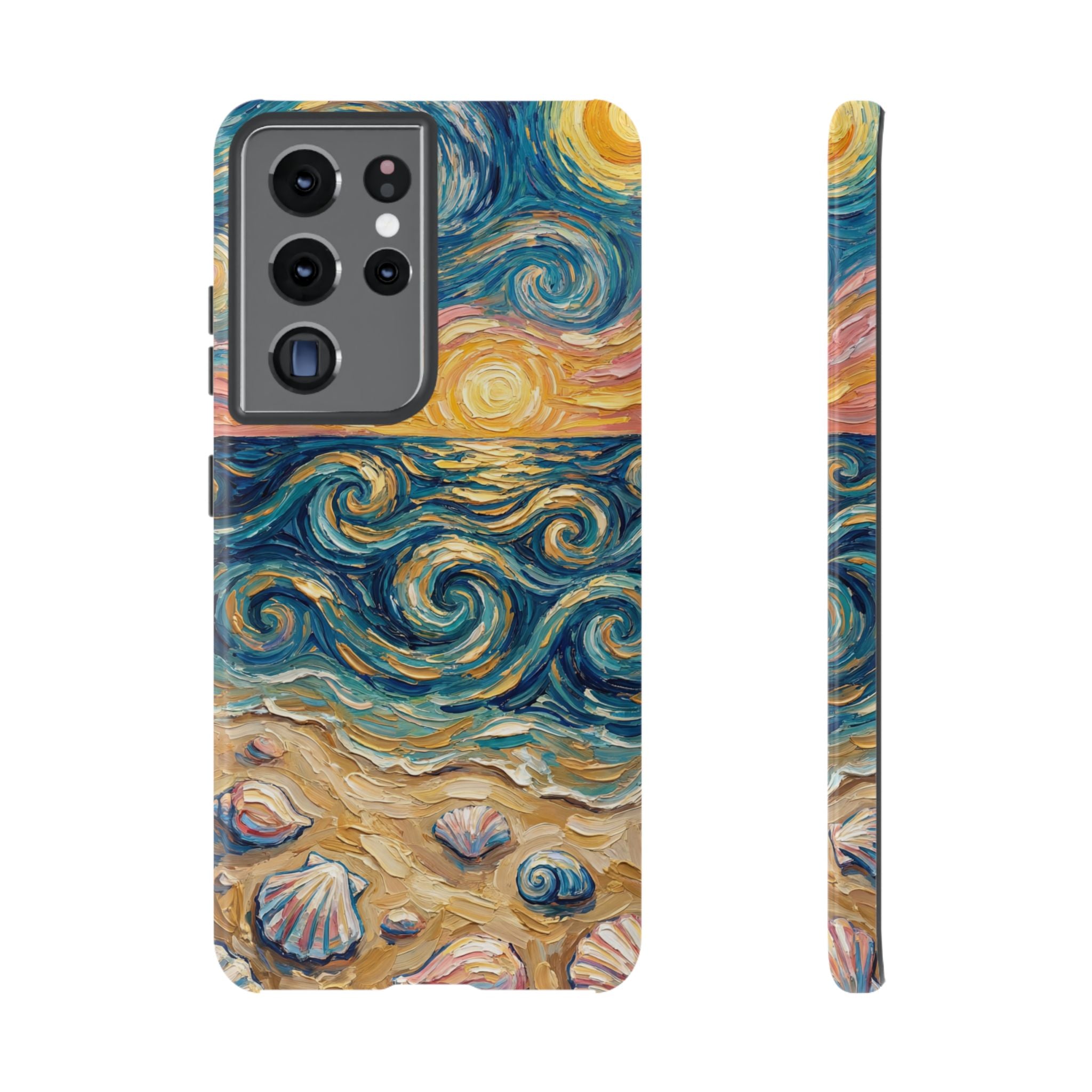 Sea Sunset Samsung Galaxy Case — Van Gogh‑Style Beach Waves with Shells