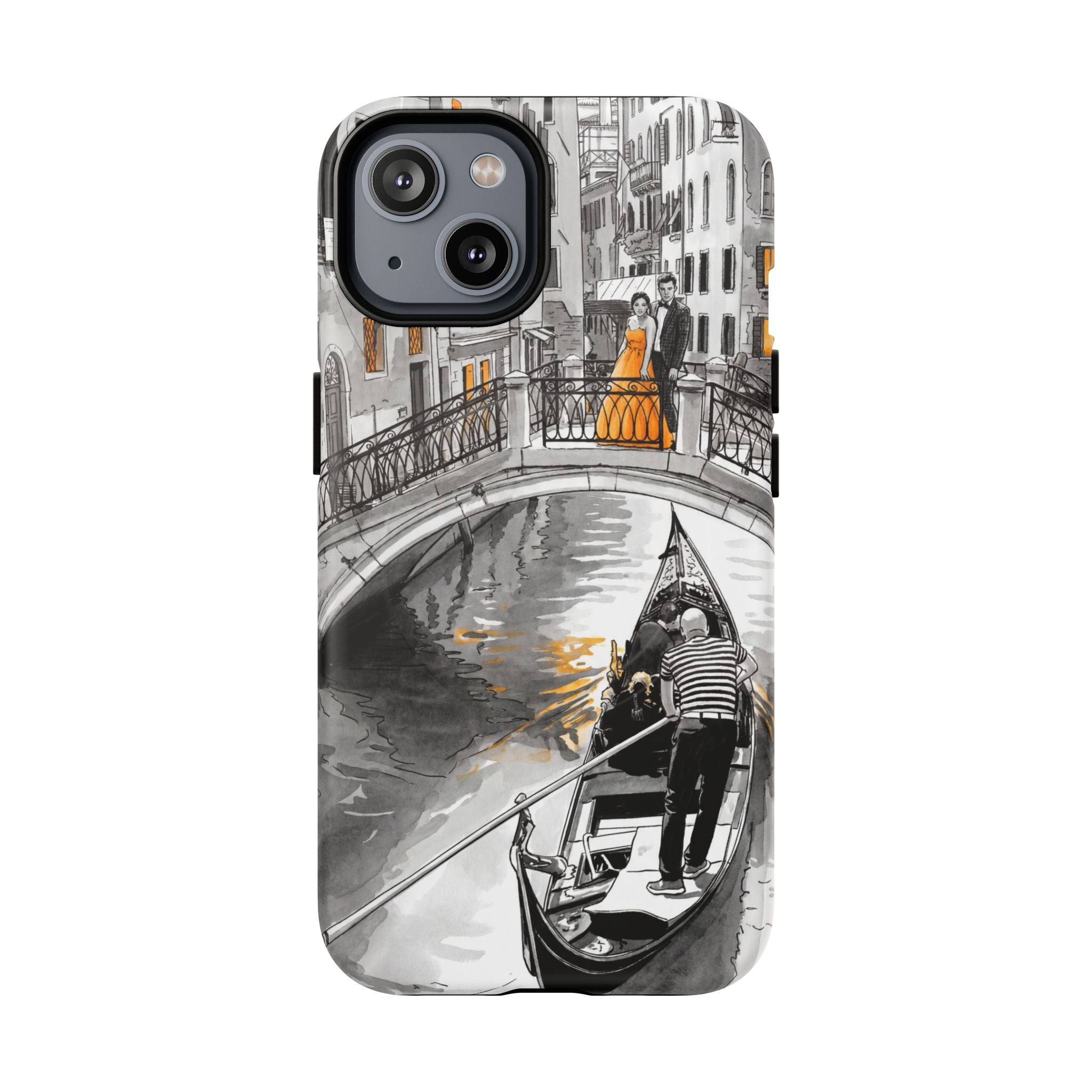Custodia per iPhone Gondola di Venezia | Custodia MagSafe resistente con motivo schizzo in bianco e nero e dettagli dorati