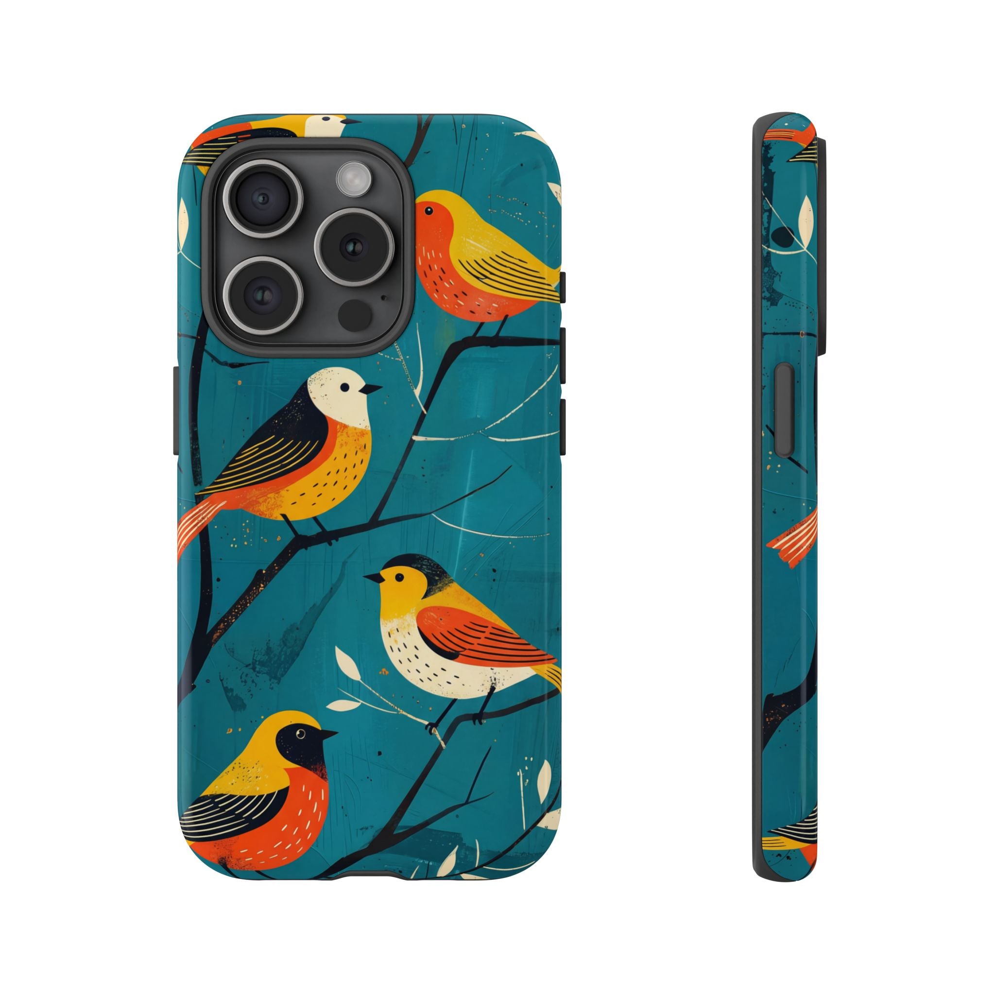 Bird Pattern Tough iPhone Case | Colourful Songbirds on Teal Background