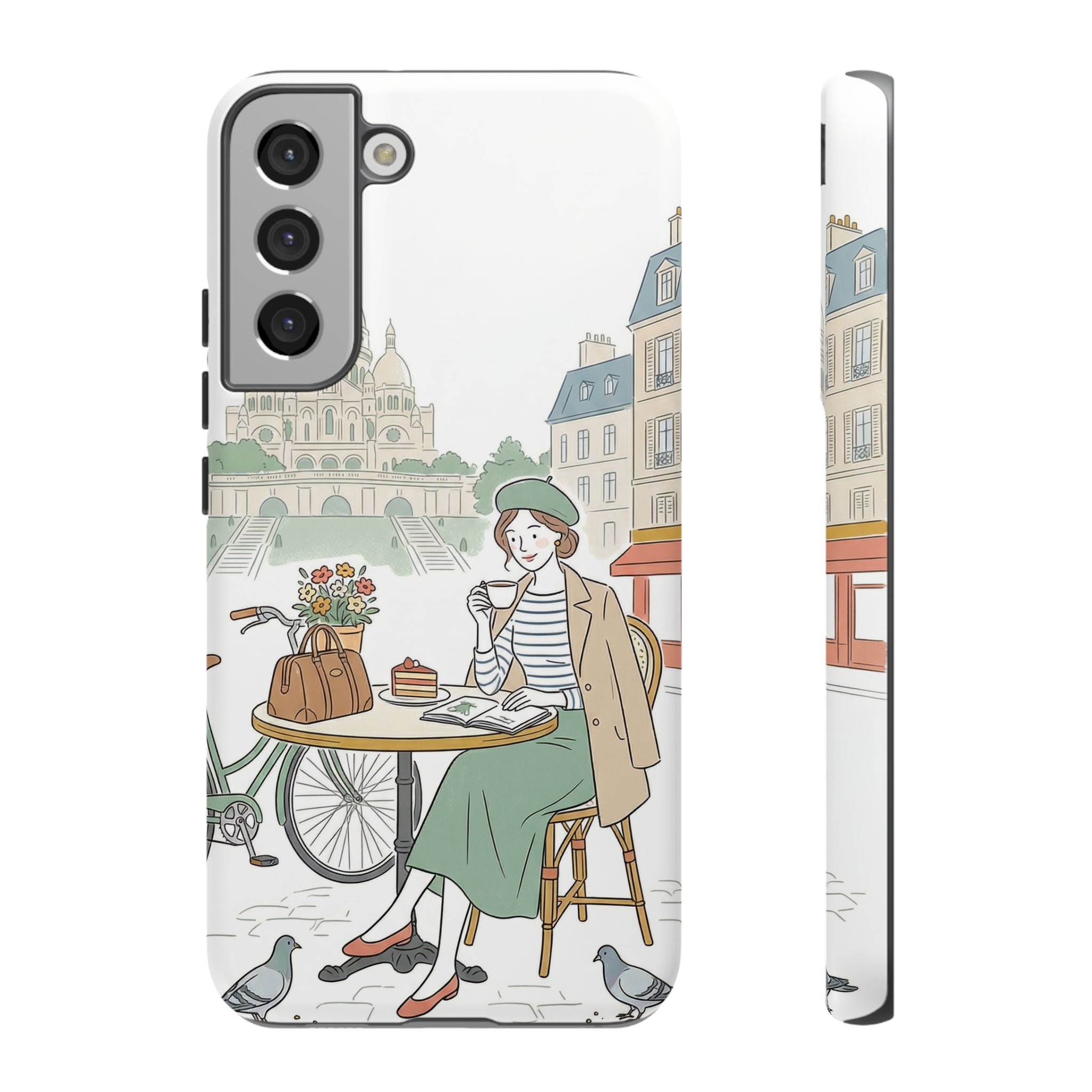 Paris Cafe Illustration Samsung Galaxy Phone Case | Vintage Bicycles & Pigeons Protective Cover