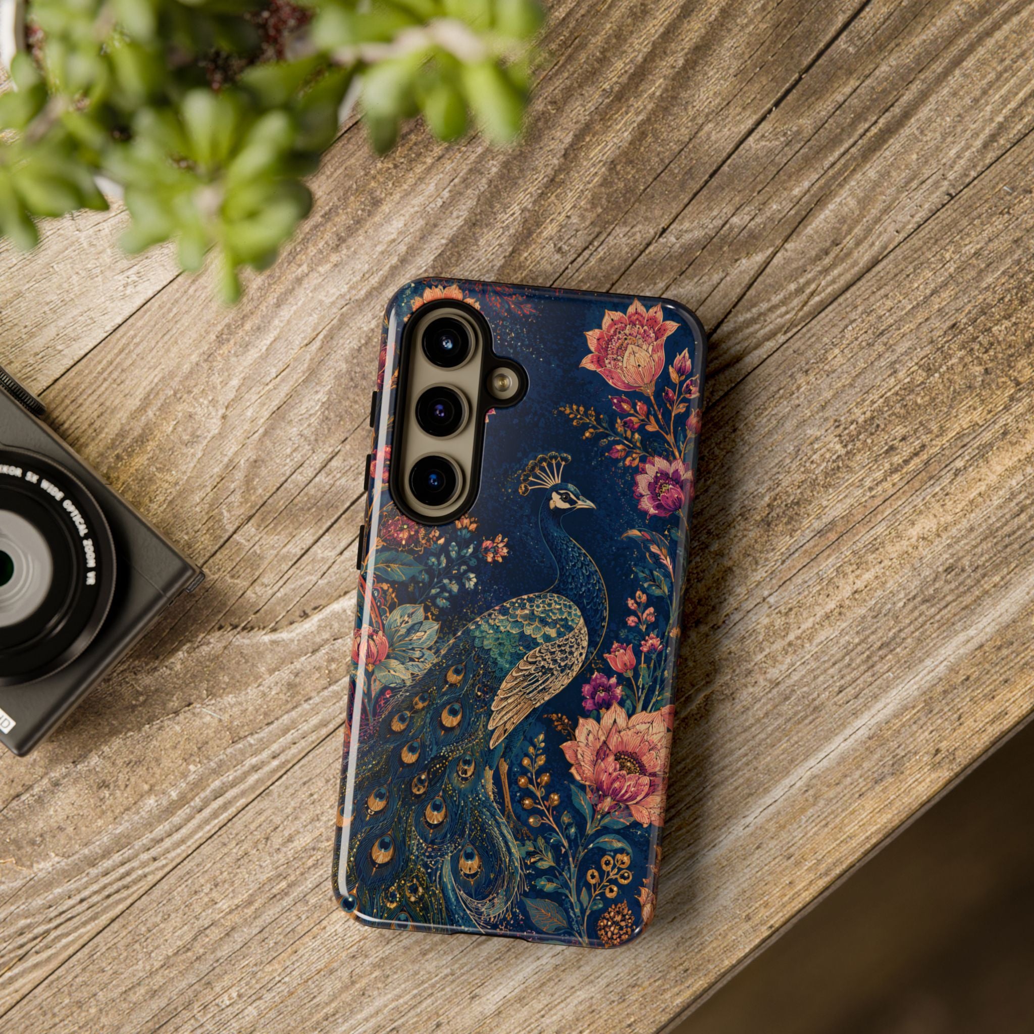 Peacock Floral Tough Samsung Galaxy Phone Case | Antique Indigo Gold Art Cover