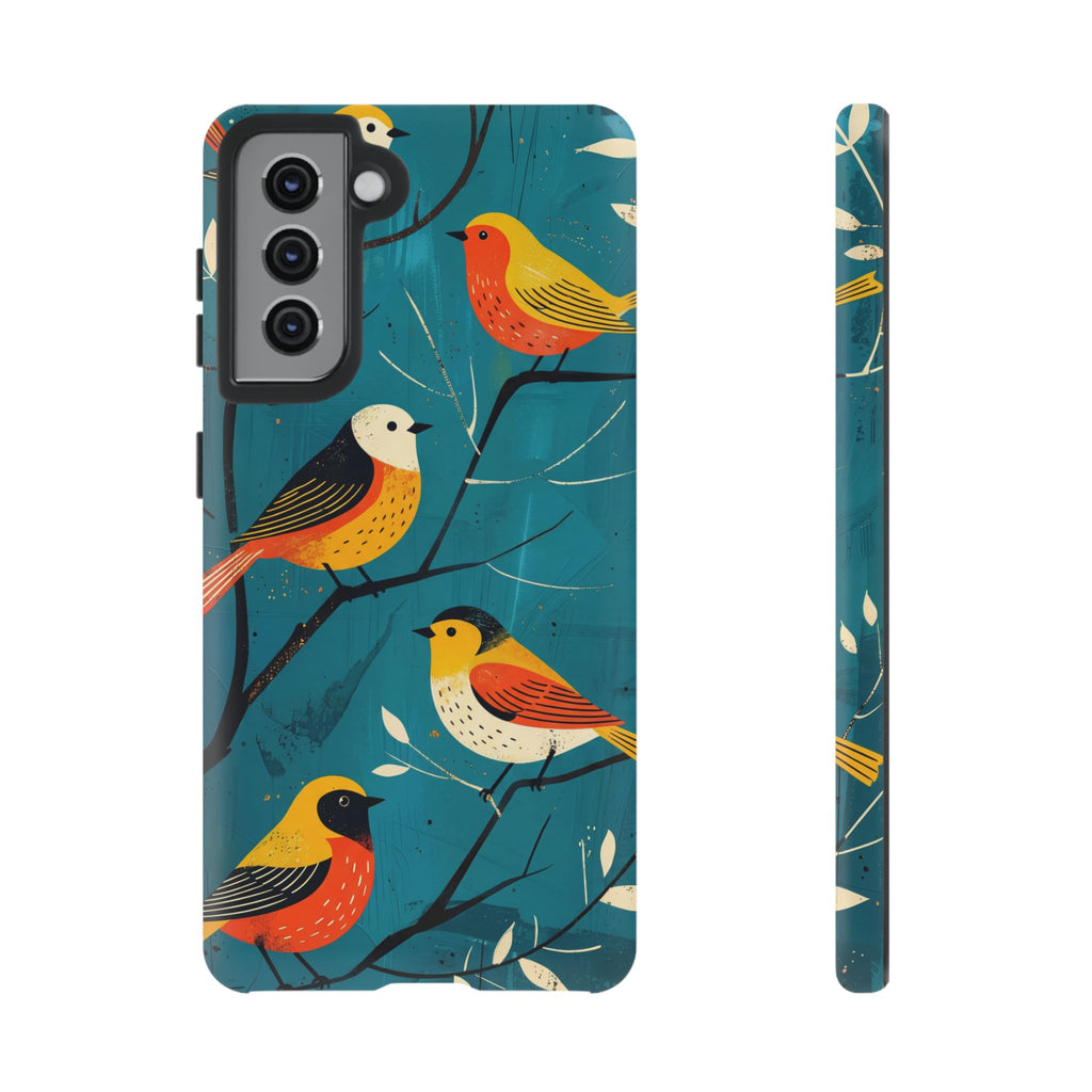 Bird Pattern Tough Samsung Galaxy Phone Case | Colourful Songbirds on Teal Background