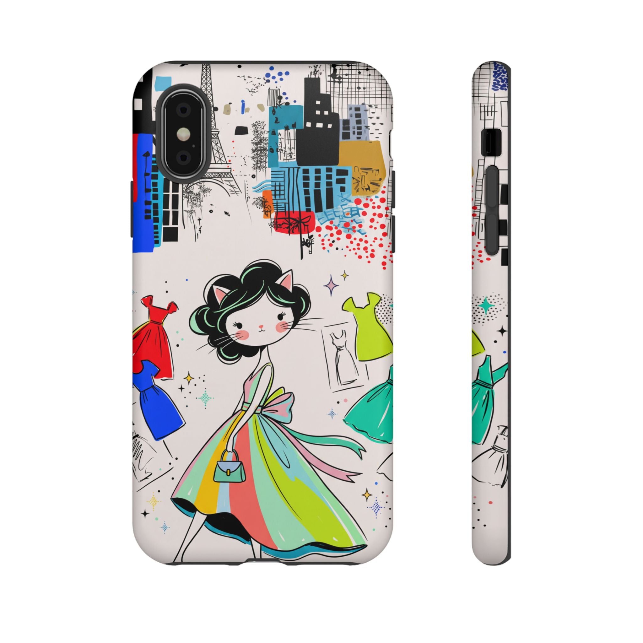 Retro Fashion Cat Girl iPhone Case | Cute Dress & City Print