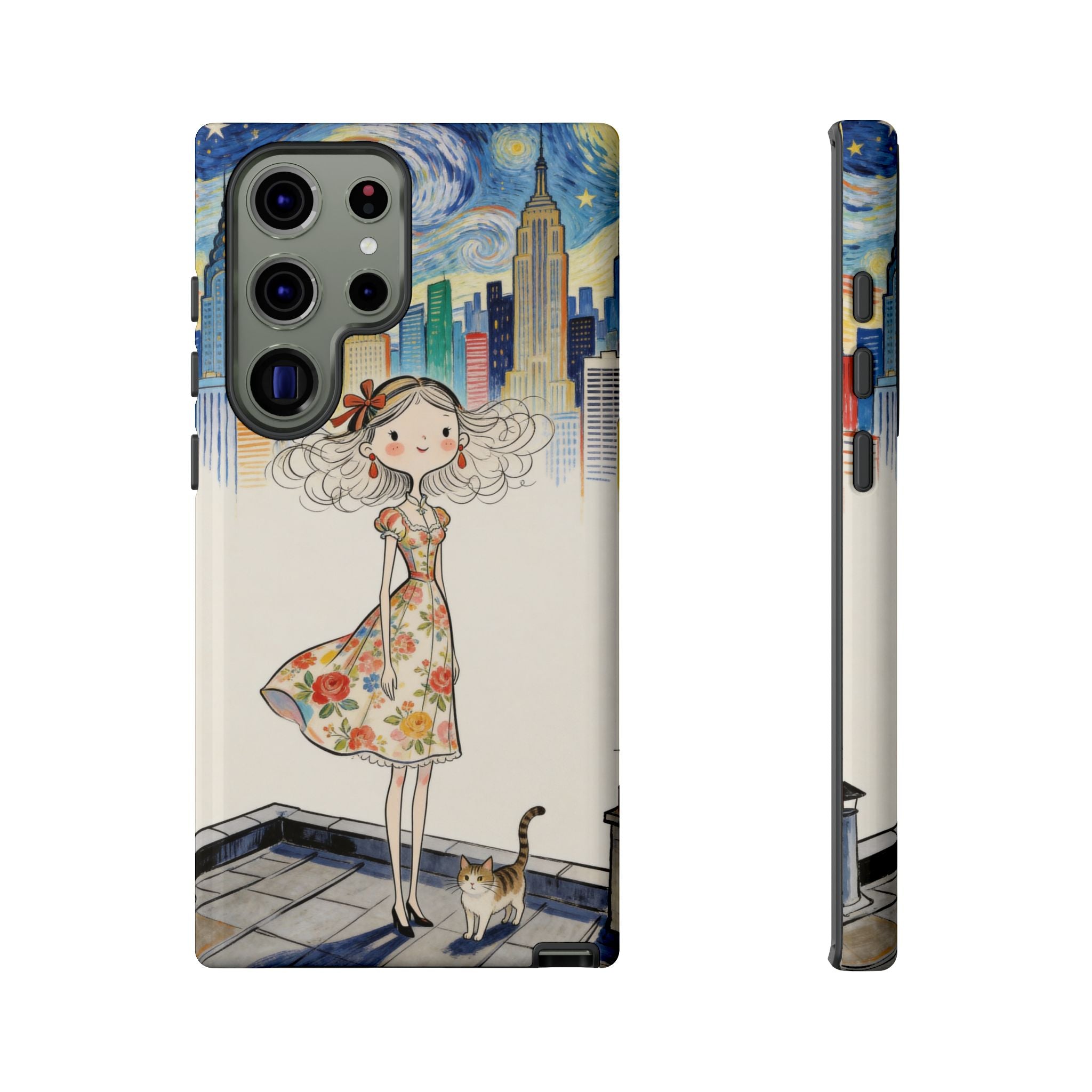 Artistic Girl Cityscape Samsung Galaxy Phone Case | Cute Floral Dress Rooftop Design