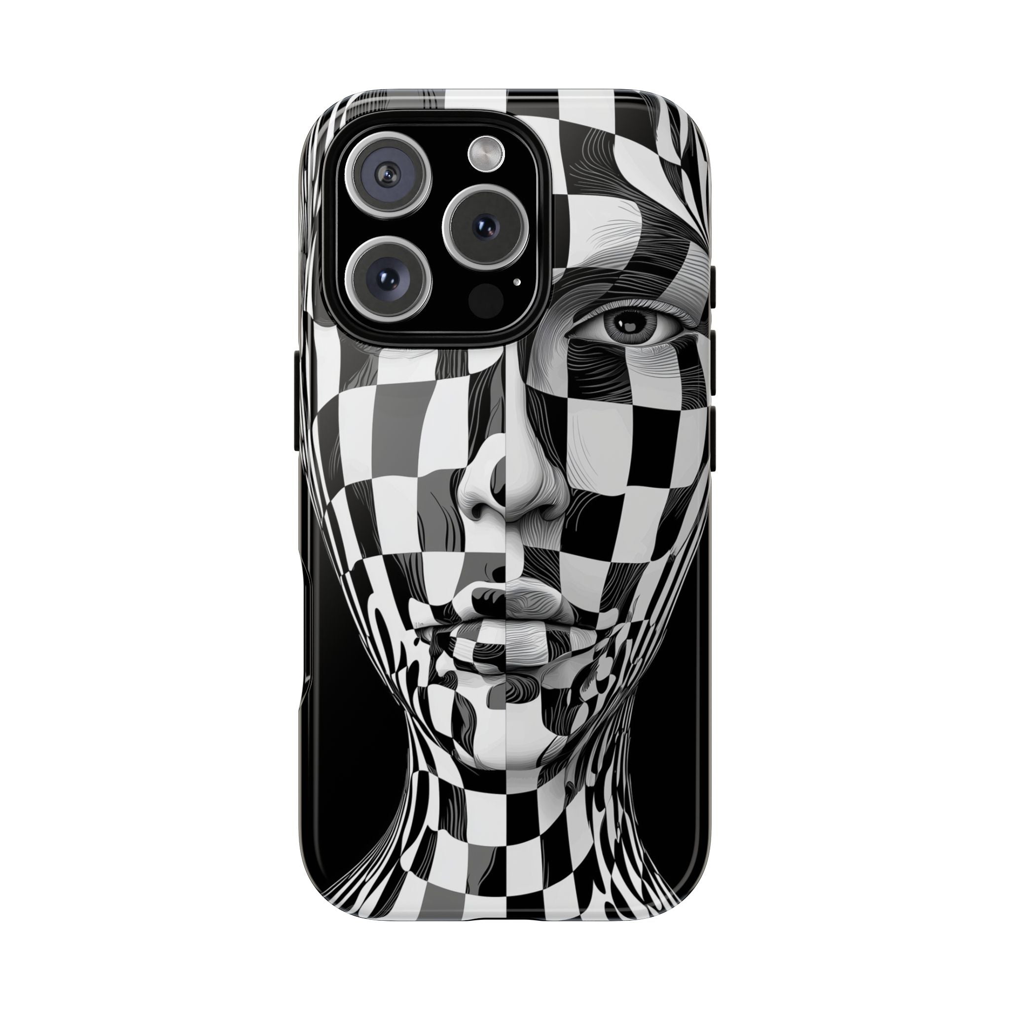Checkerboard Face Tough iPhone Case — Black & White Surreal Art Protective Cover