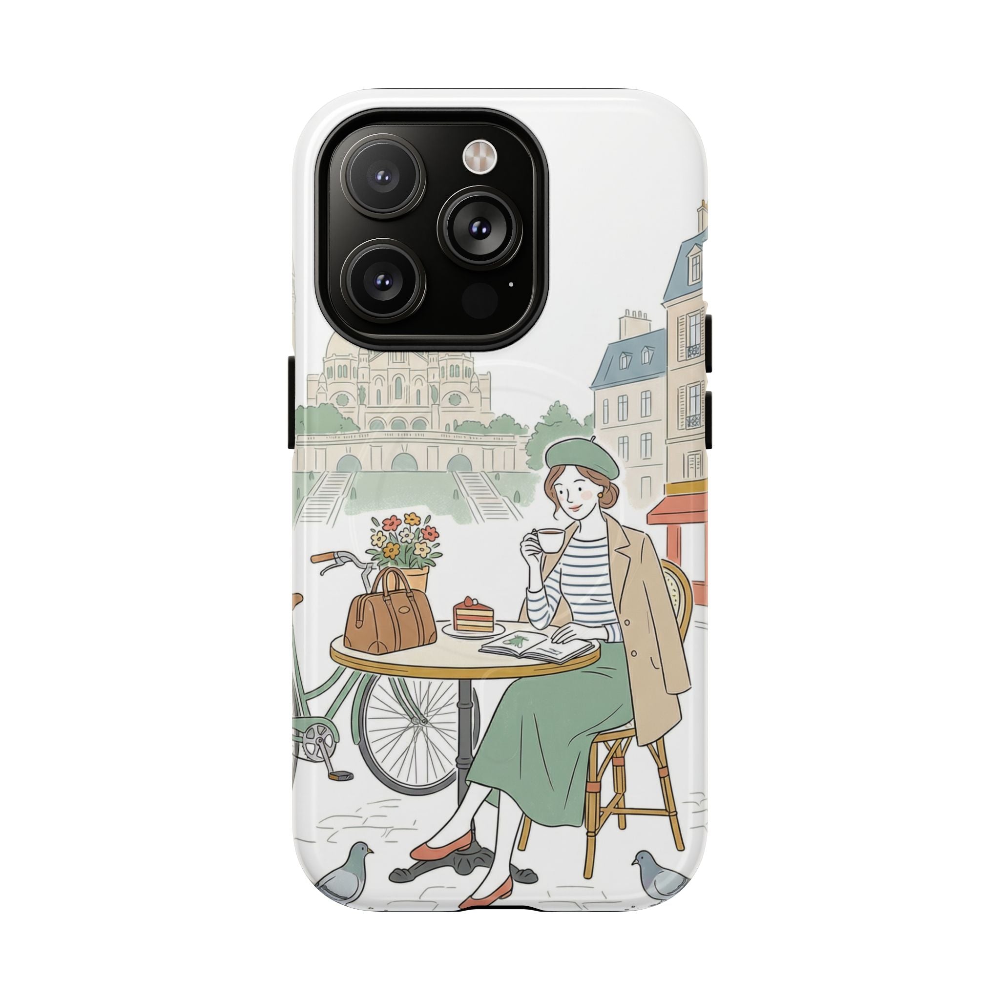 Paris Cafe Illustration MagSafe iPhone Case | Vintage Bicycles & Pigeons Protective Cover