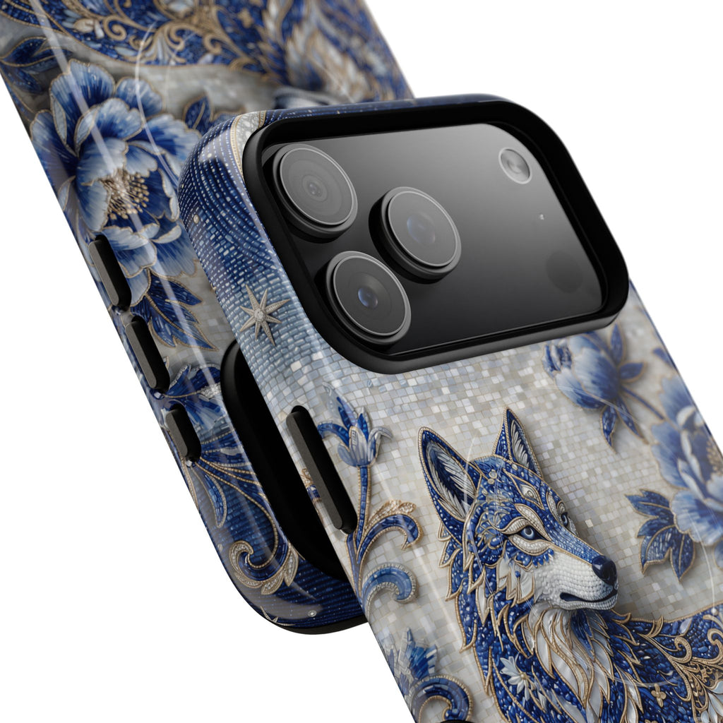 Blue Floral Wolf Tough MagSafe iPhone Case | Moonlit Wolf Protective Cover