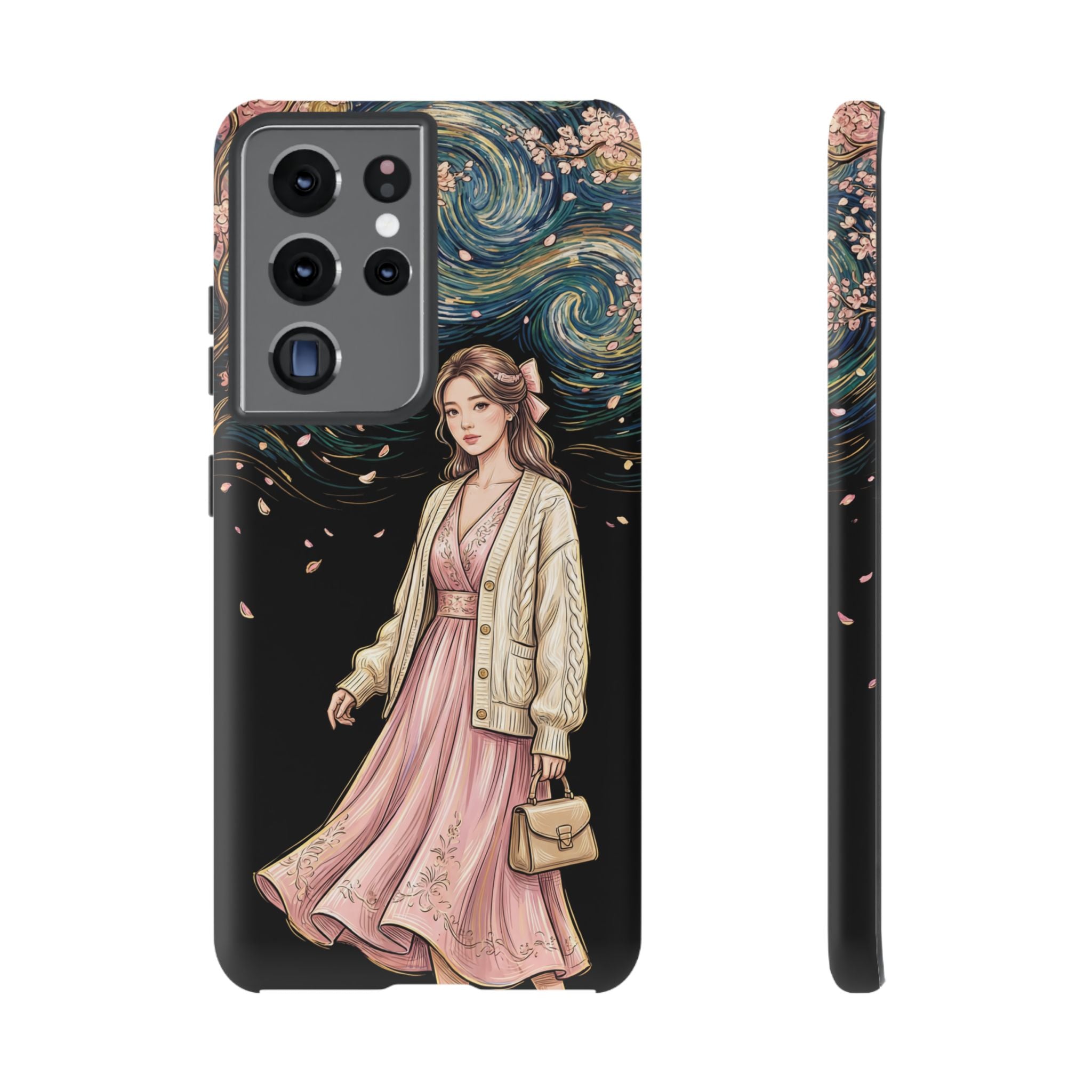 Floral Starry Night Samsung Galaxy Phone Case | Elegant Girl in Pink Dress