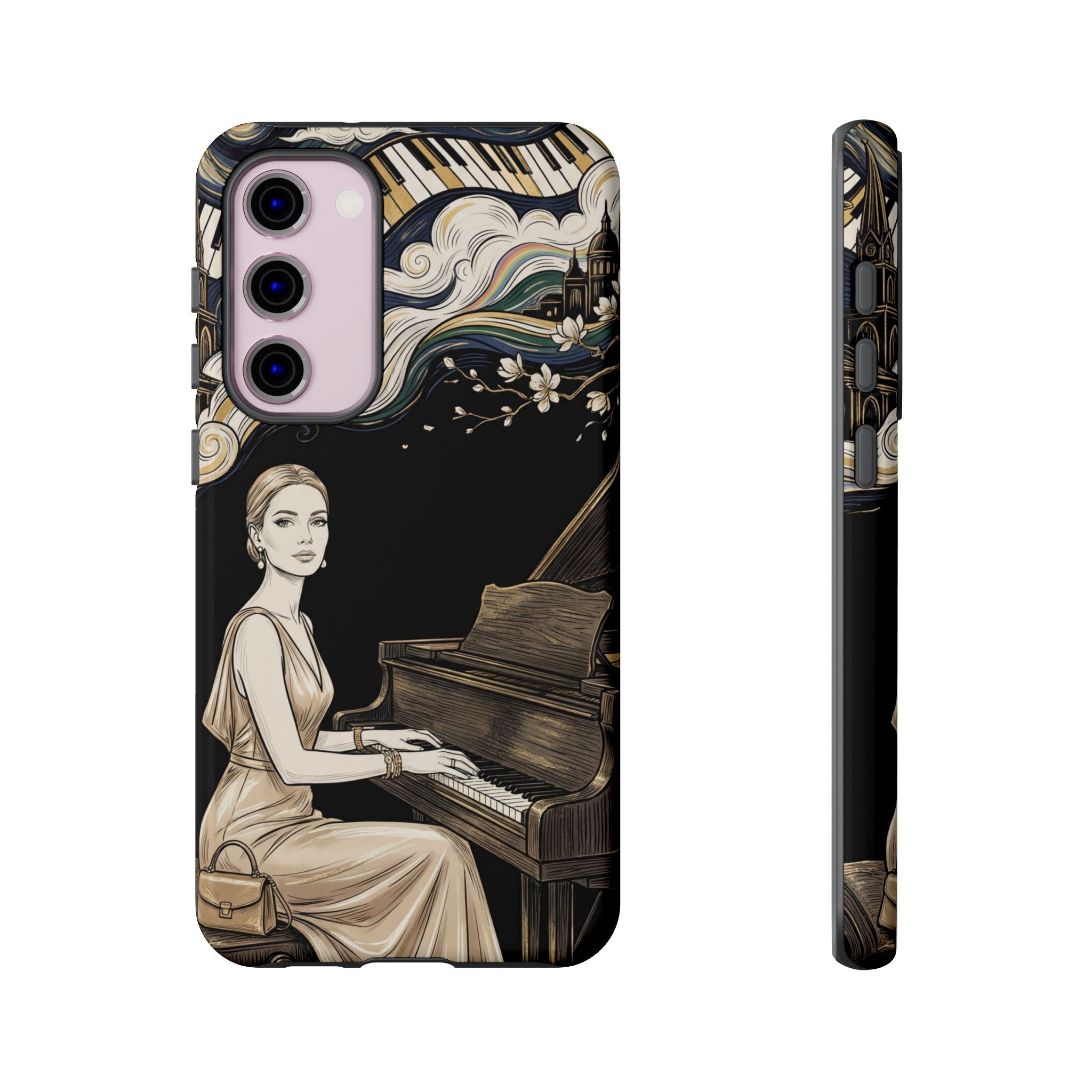 Elegant Piano Woman Samsung Galaxy Phone Case | Vintage Art Deco Music Design