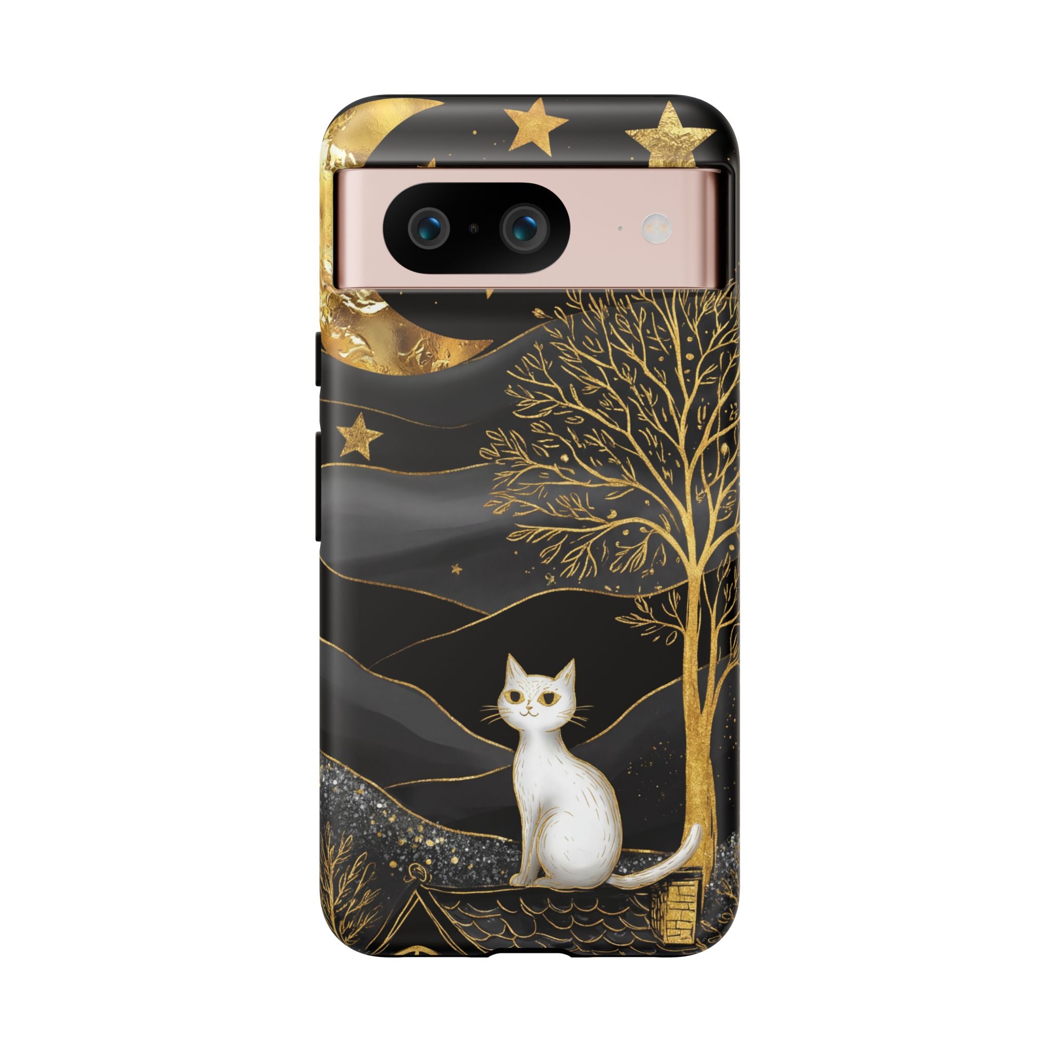 Mystic Night Cat Google Pixel Case | Gold Tree & Stars Tough Case