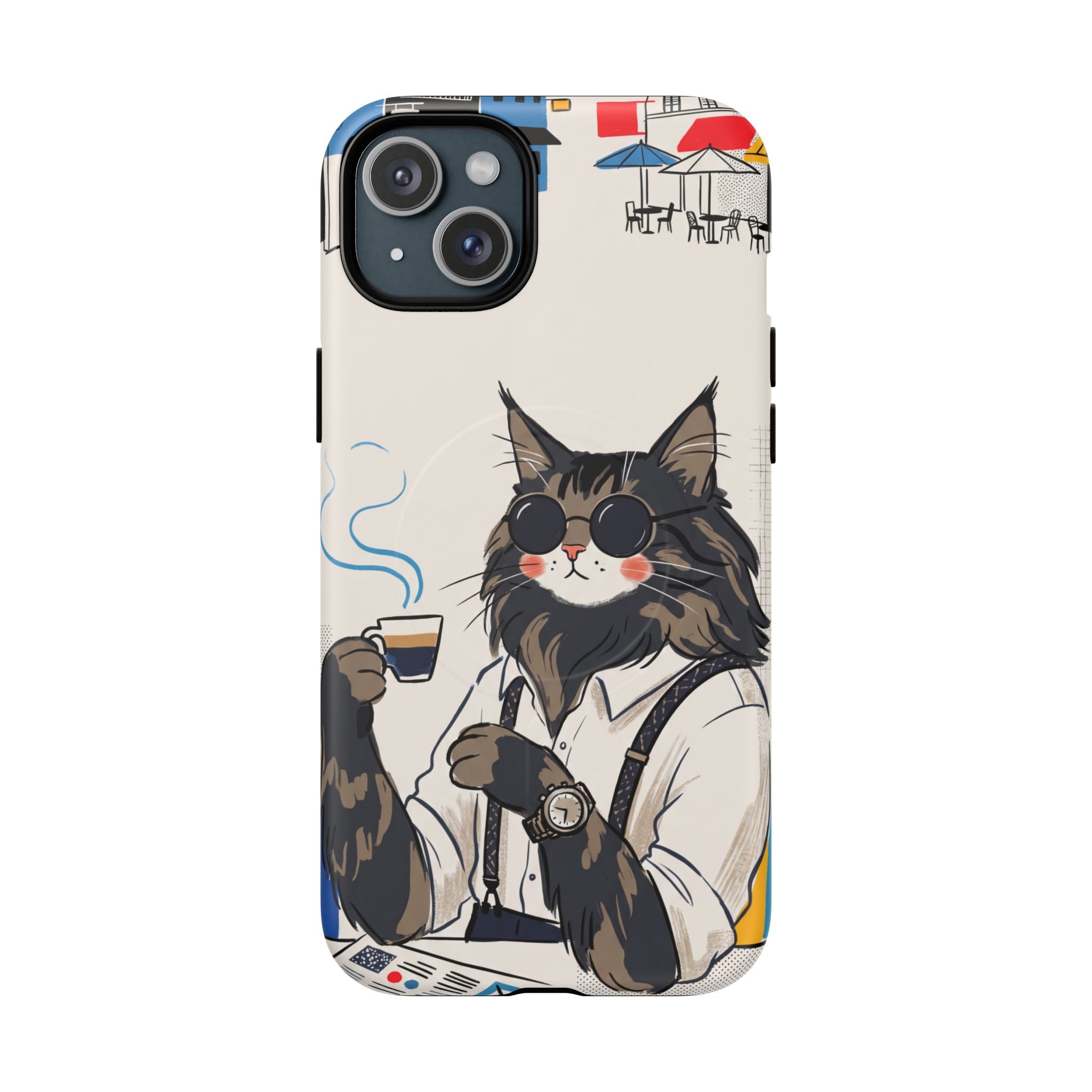 Cat Barista MagSafe iPhone Case | Cool Cat in Sunglasses Coffee Shop Design