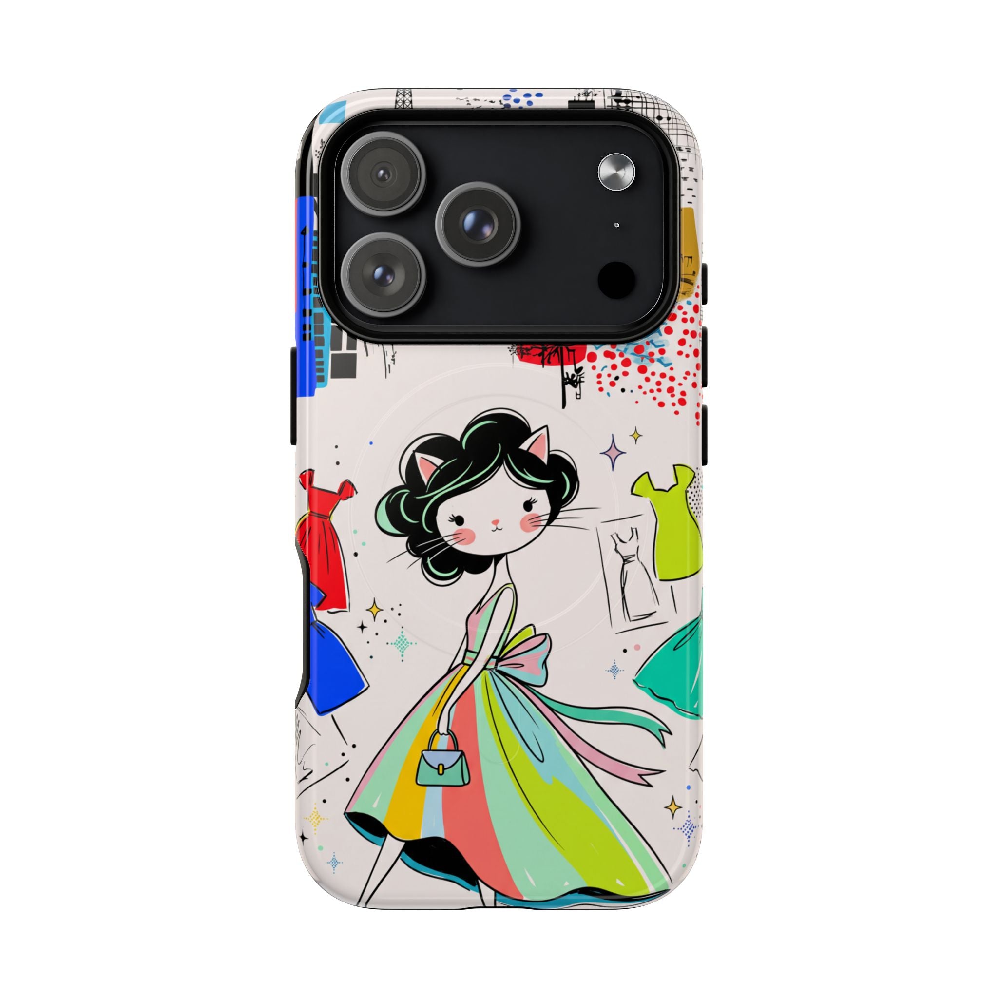 Retro Fashion Cat Girl MagSafe iPhone Case | Cute Dress & City Print