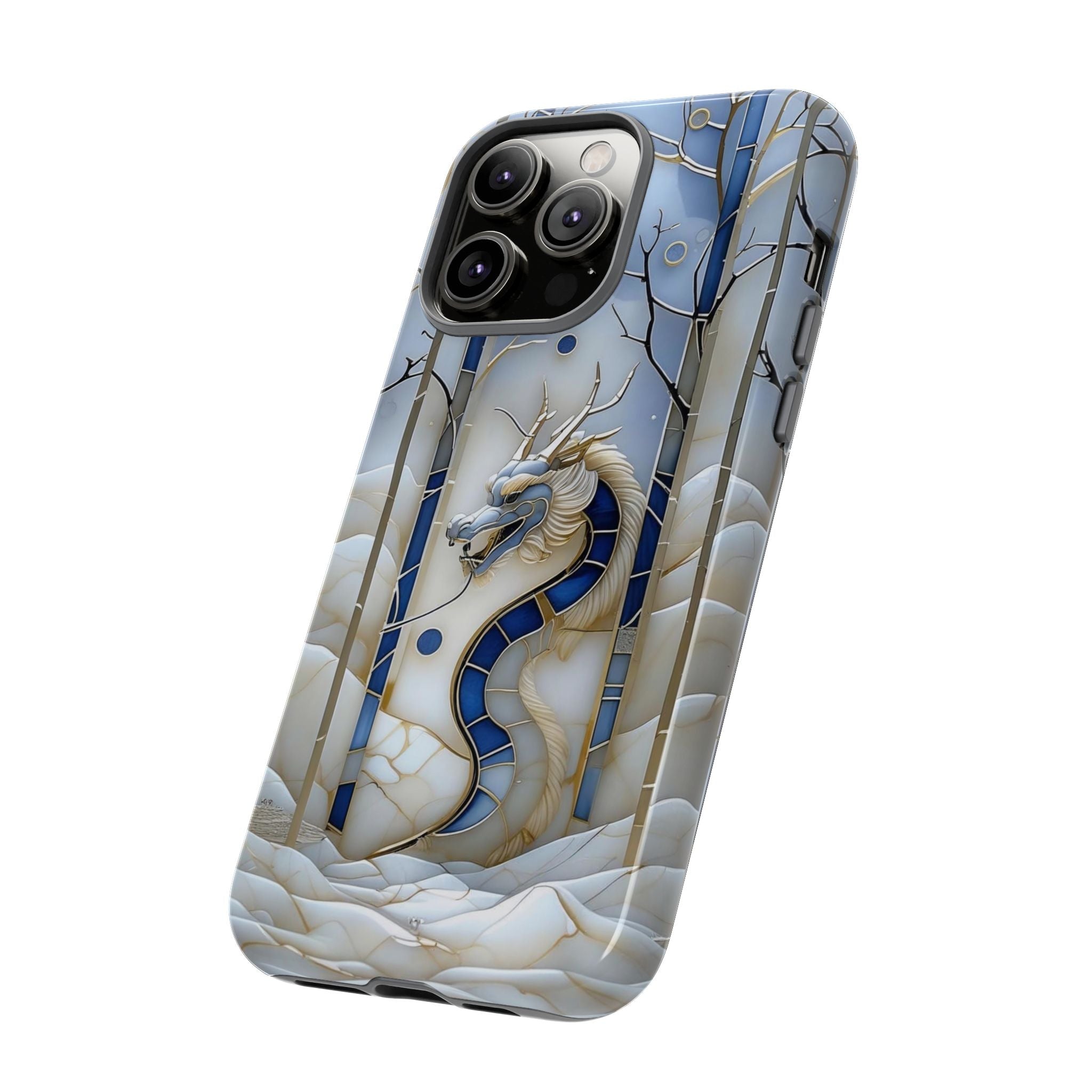 Dragon Stained Glass iPhone Case — Blue Winter Forest Protective Cover