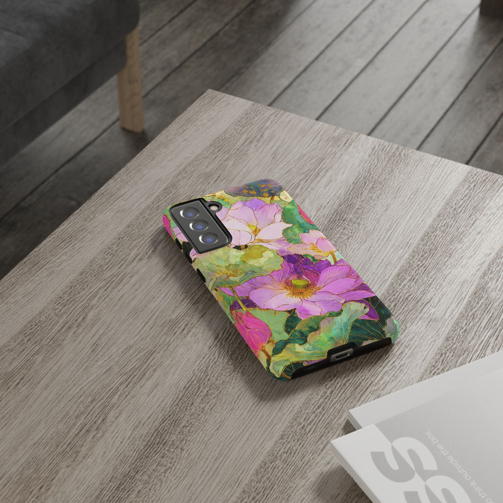 Custodia Protettiva Resistente per Telefono Samsung Galaxy con Acquerello Floreale | Cover Protettiva Giardino di Loto Rosa