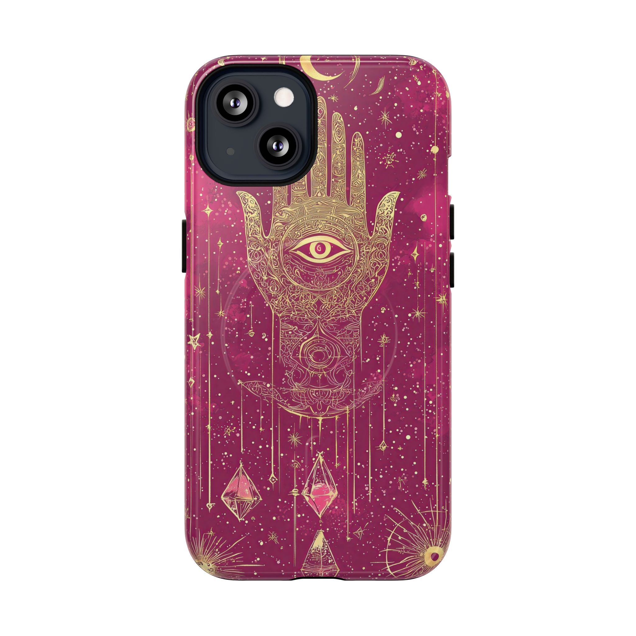 Custodia MagSafe per iPhone Mystic Hamsa | Palma dorata e occhio onniveggente su galassia magenta