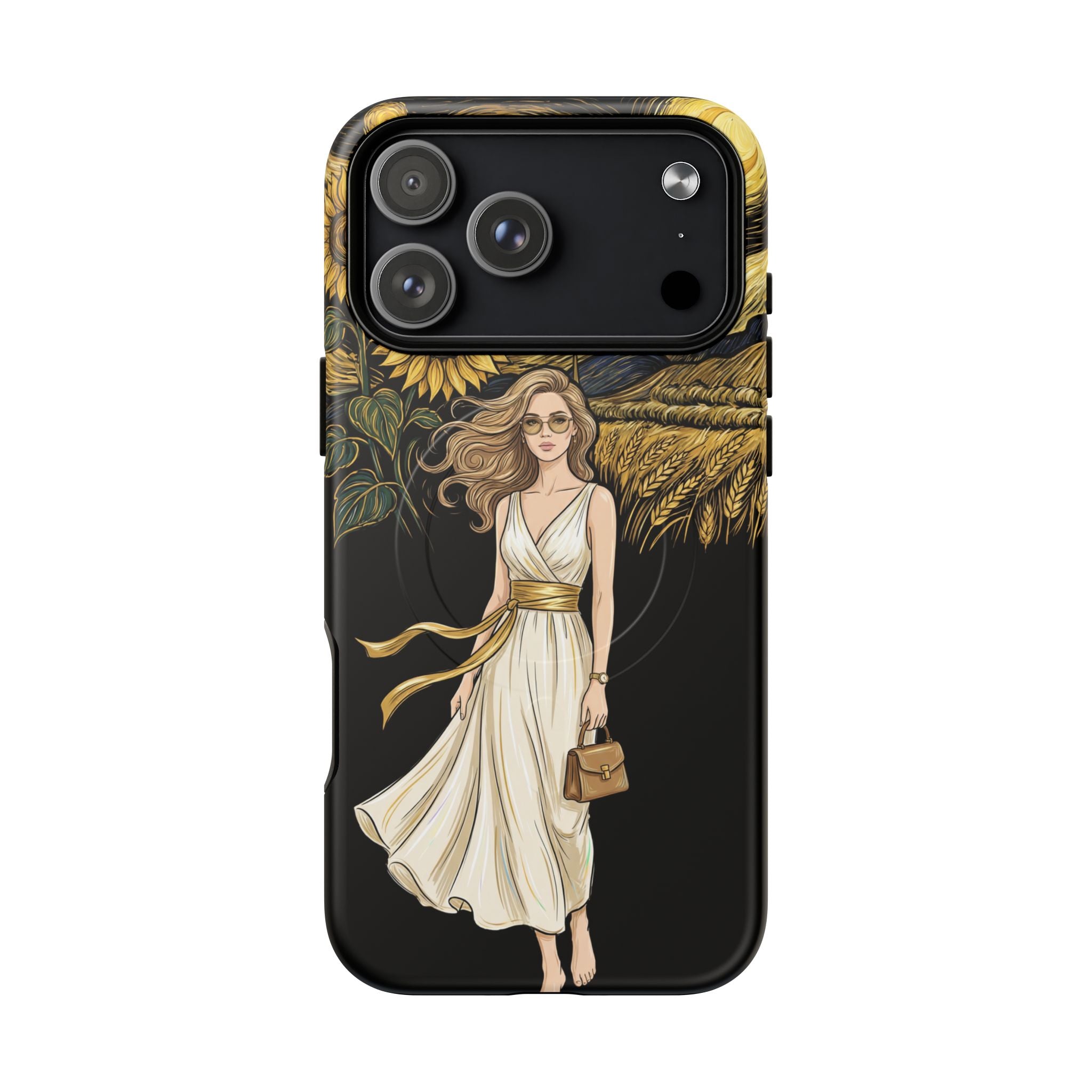 Sunflower Night MagSafe iPhone Case | Woman in Flowing Dress Van Gogh Style