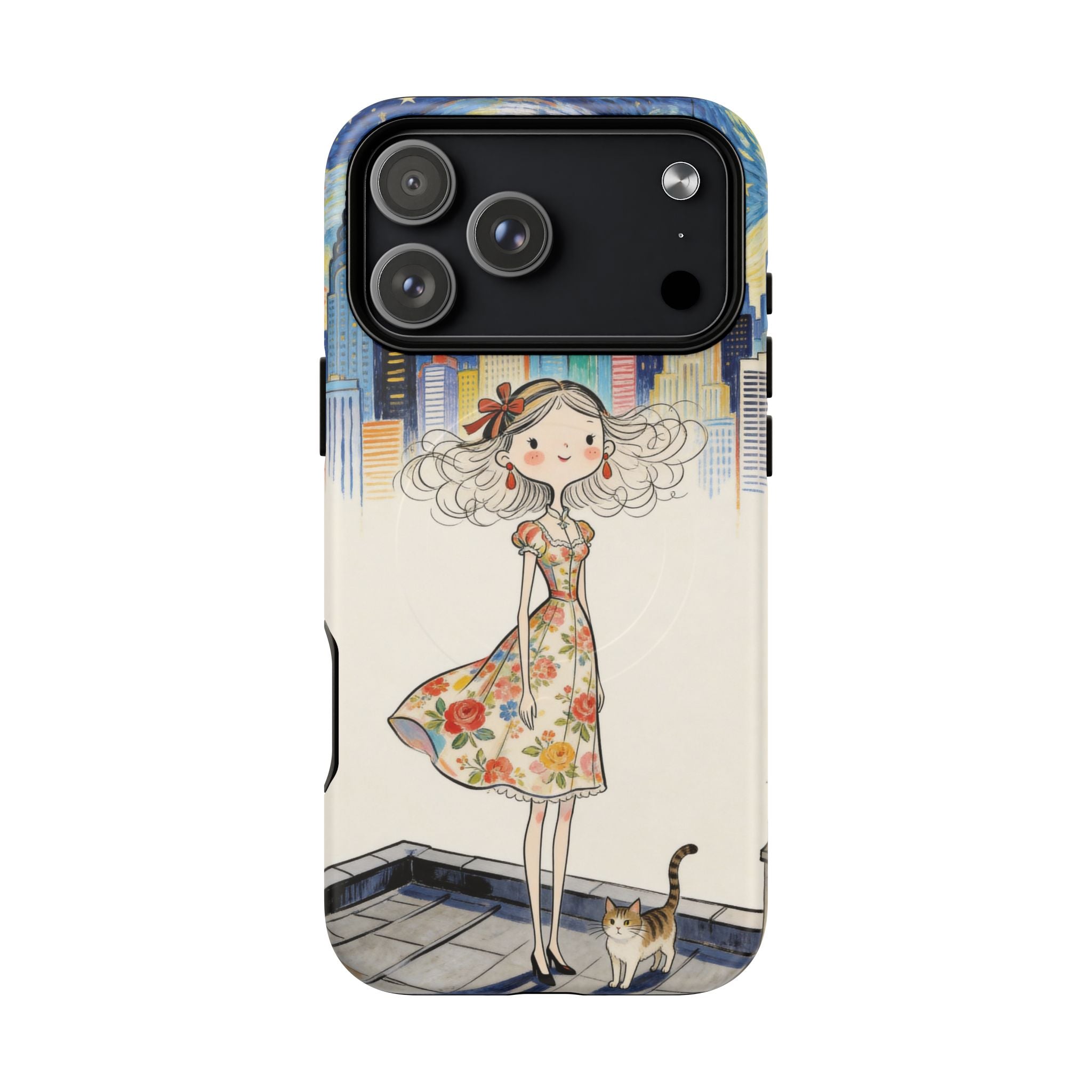 Artistic Girl Cityscape MagSafe iPhone Case | Cute Floral Dress Rooftop Design