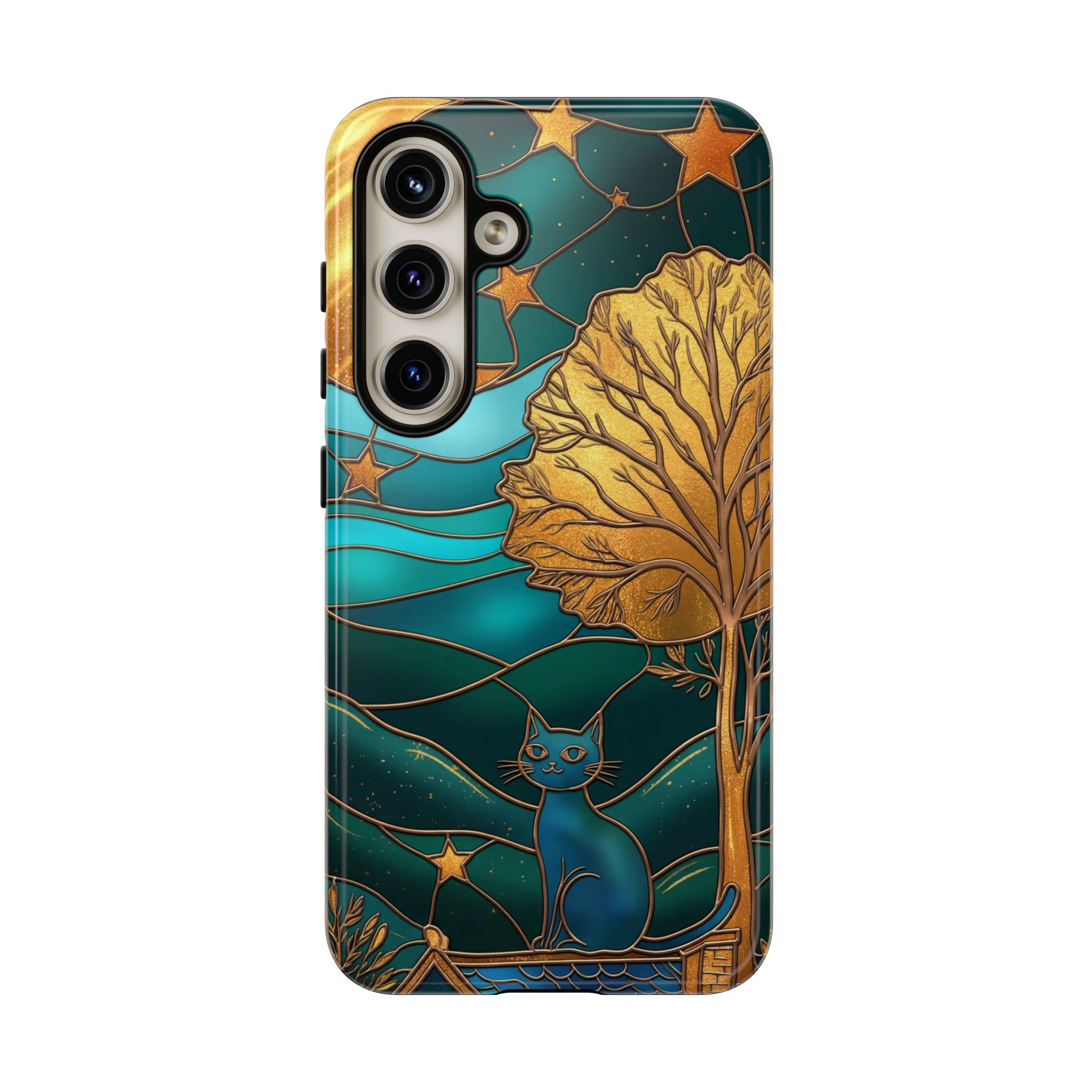 Stained Glass Cat Tough Samsung Galaxy Case | Gold Tree & Starry Night Design