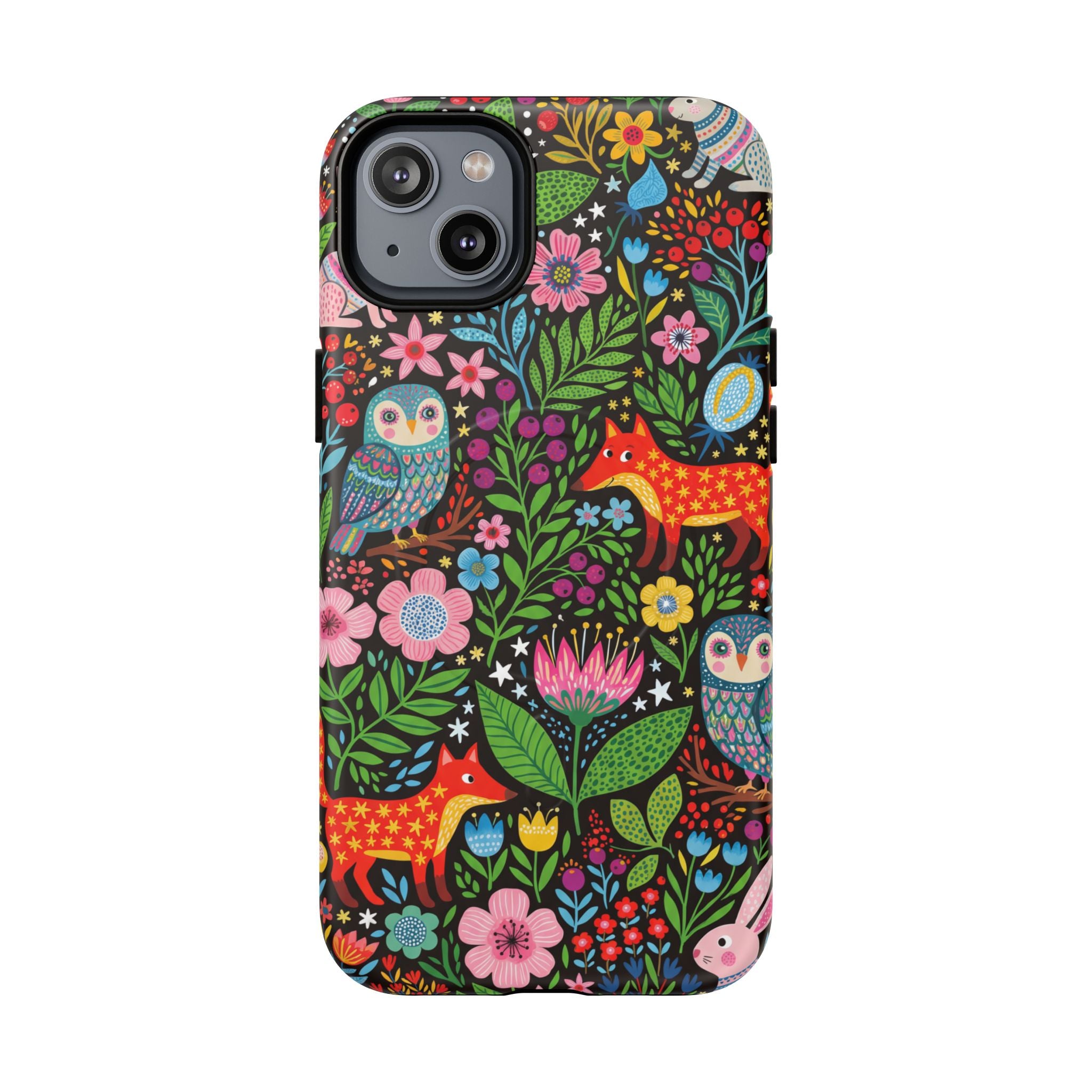 Floral Woodland MagSafe iPhone Case | Colourful Fox & Owl Protective Cover