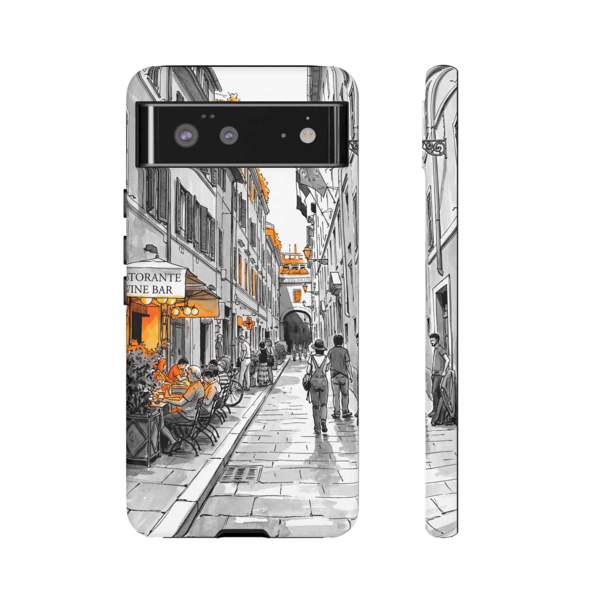 Italy Street Phone Case | Vintage Italian Cafe Sketch with Orange Accents