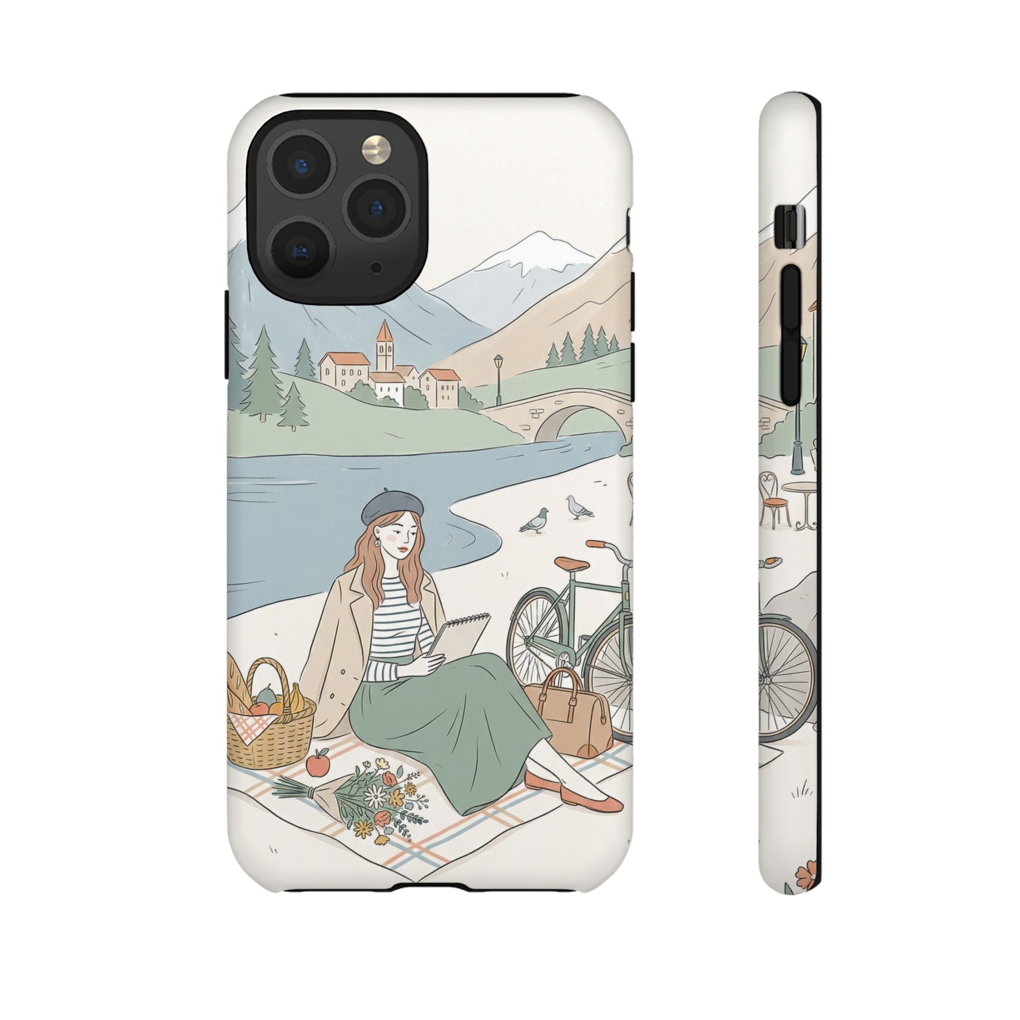 Scenic Picnic iPhone Case | Vintage Bicycle & Mountain Illustration