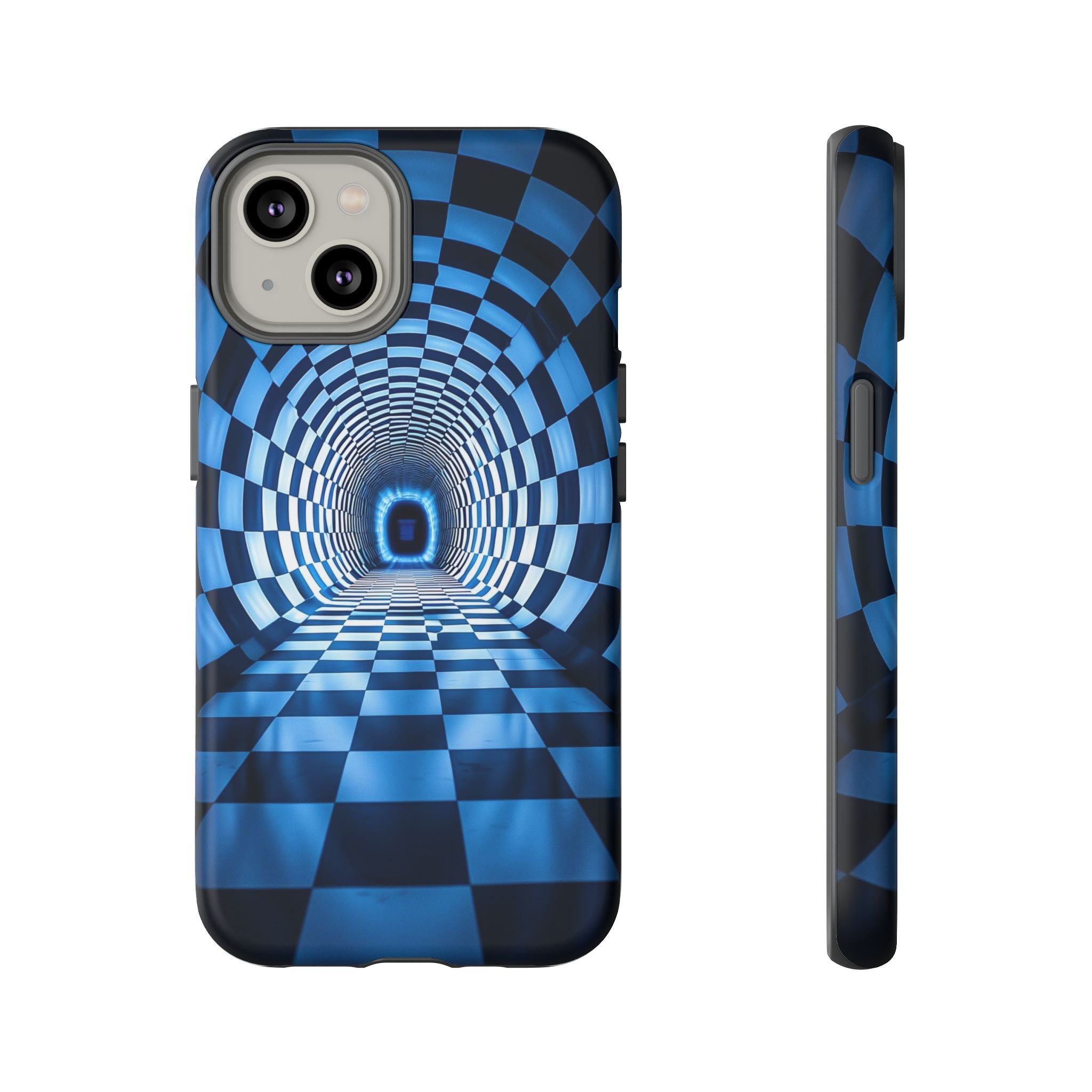 Blue Checkered Tunnel iPhone Case — 3D Optical Illusion Tough Case