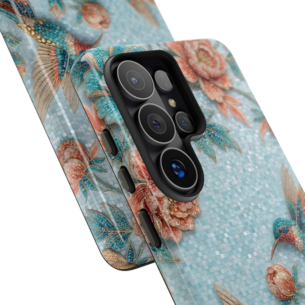 Cover per Samsung Galaxy in robusto materiale, fantasia colibrì e fiori | Design vintage giardino blu