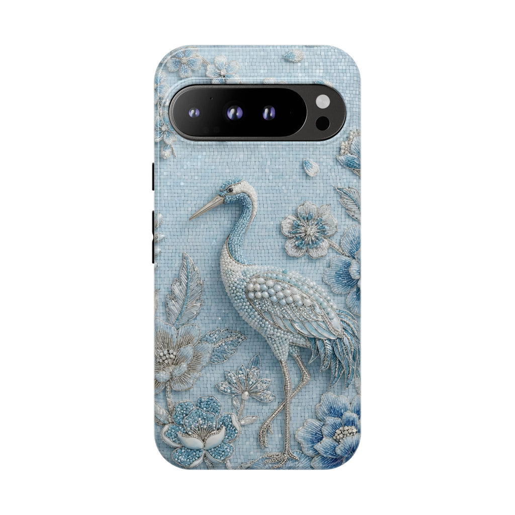 Blue Crane Floral Google Pixel Phone Case | Vintage Embossed Bird Design