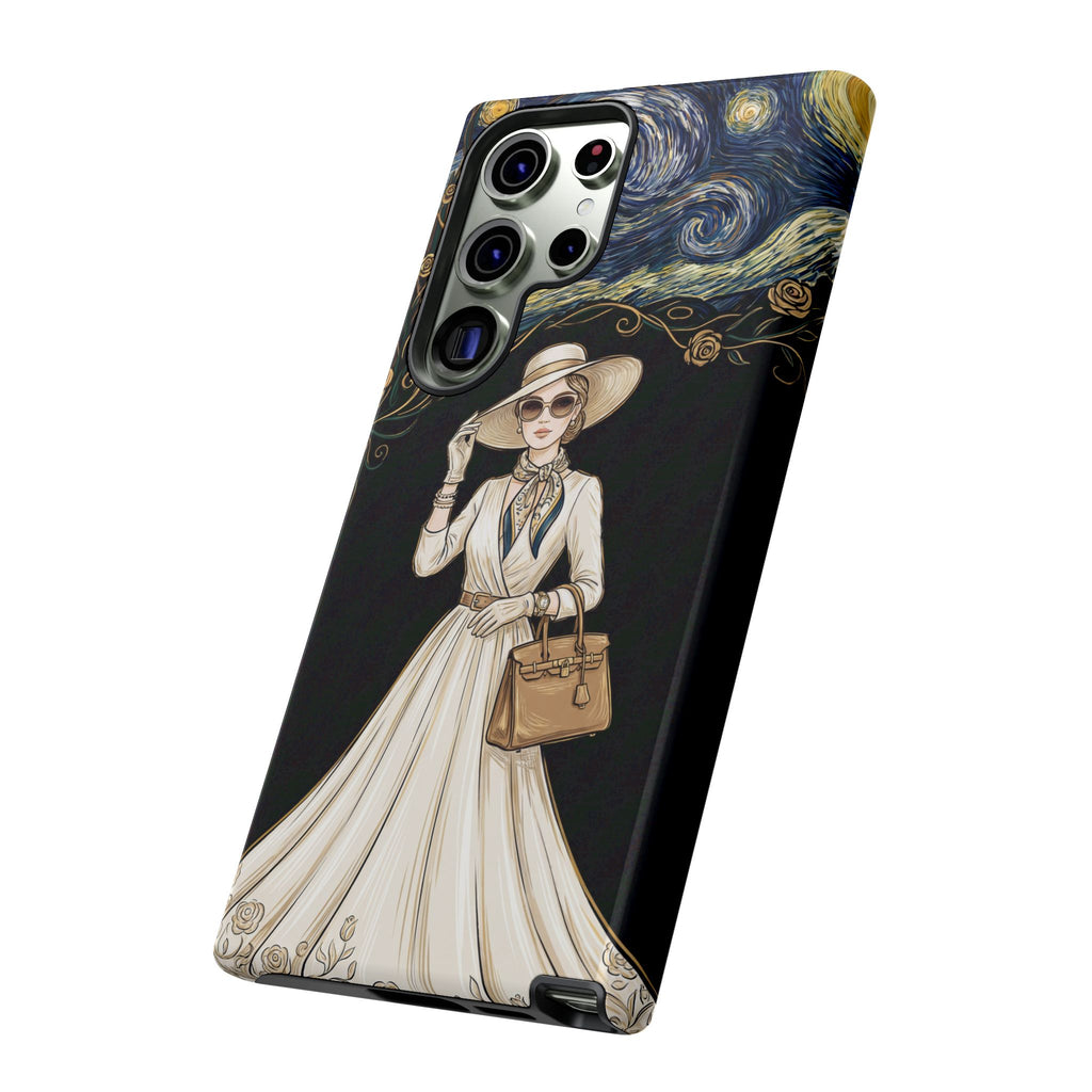 Vintage Starry Night Fashion Samsung Galaxy Phone Case | Elegant Lady in White Dress