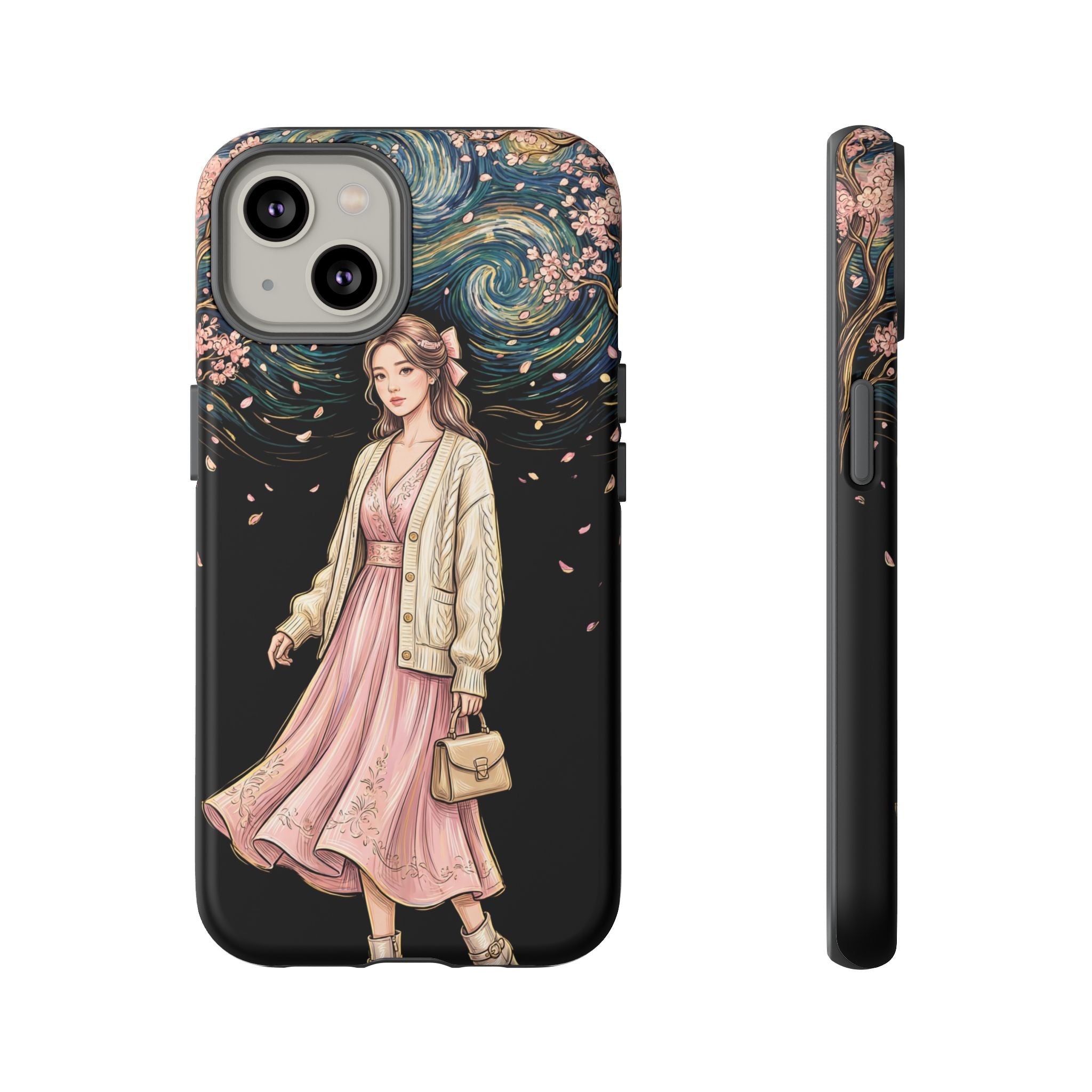 Floral Starry Night iPhone Case | Elegant Girl in Pink Dress
