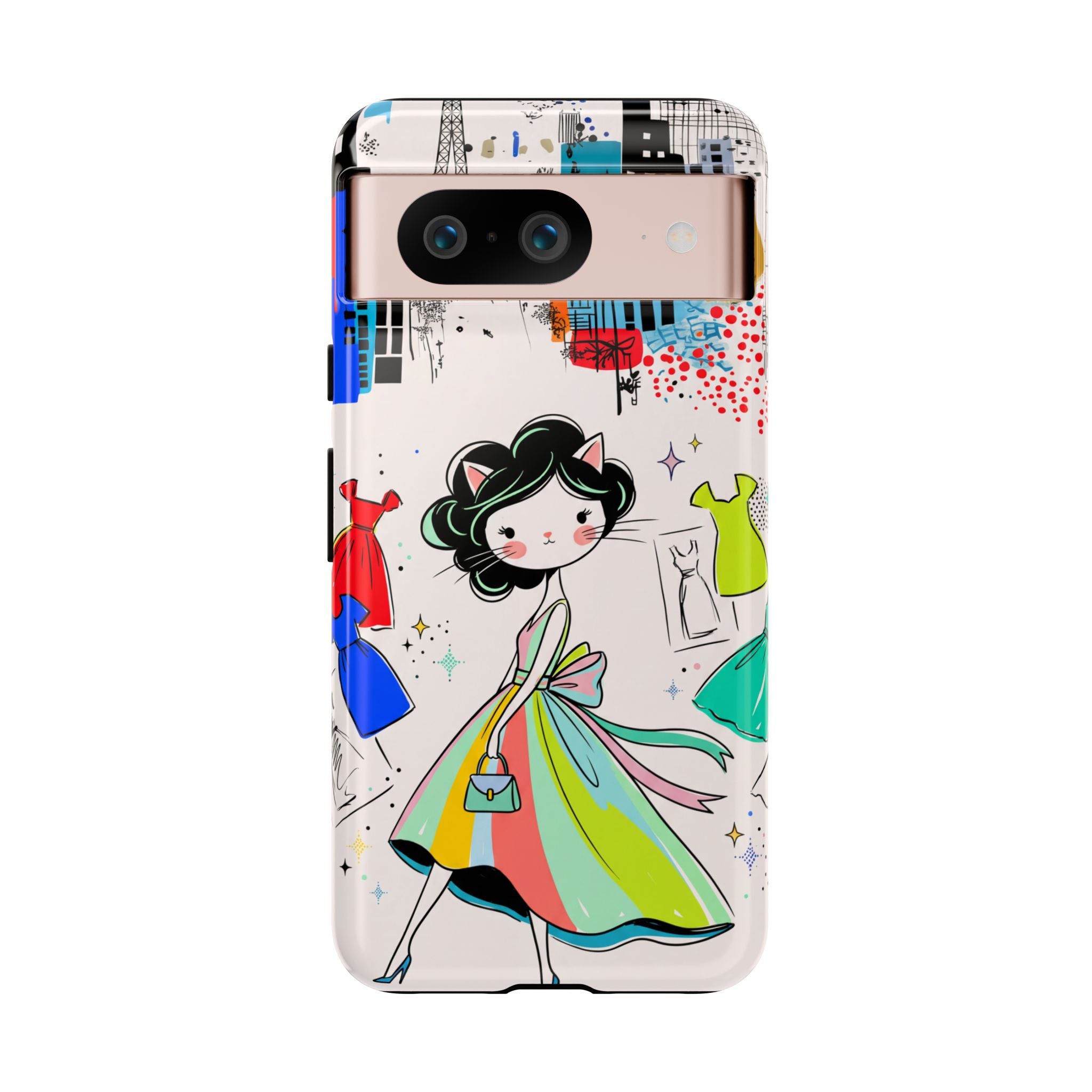 Retro Fashion Cat Girl Google Pixel Phone Case | Cute Dress & City Print