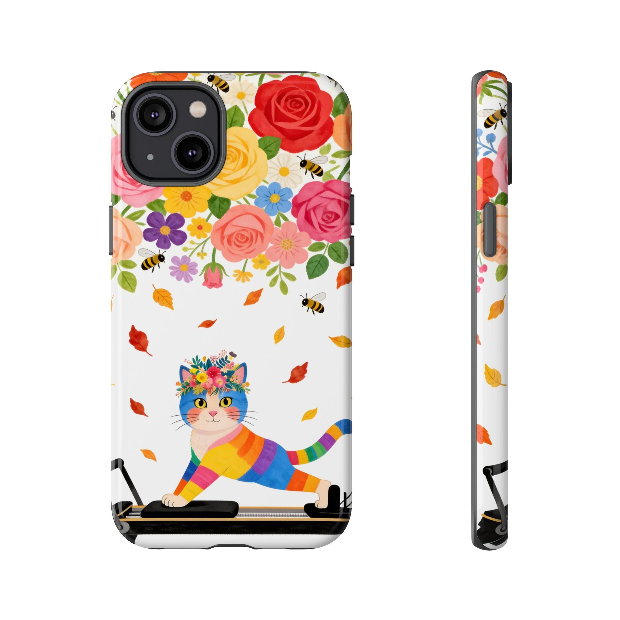 Floral Rainbow Cat Tough iPhone Case — Colorful Pilates Cat Design