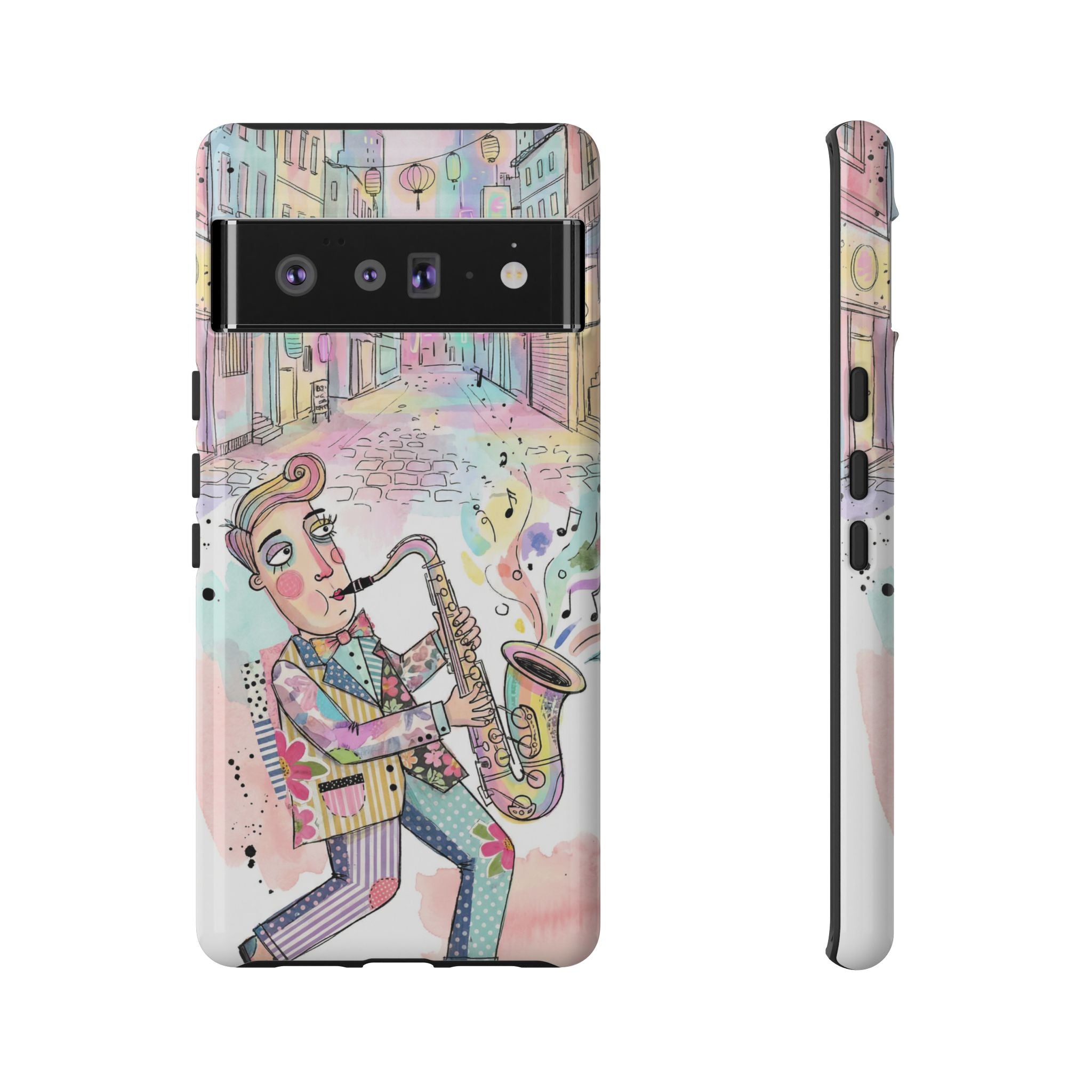 Sax Player Art Google Pixel Phone Case | Pastel Jazz Street Illustration