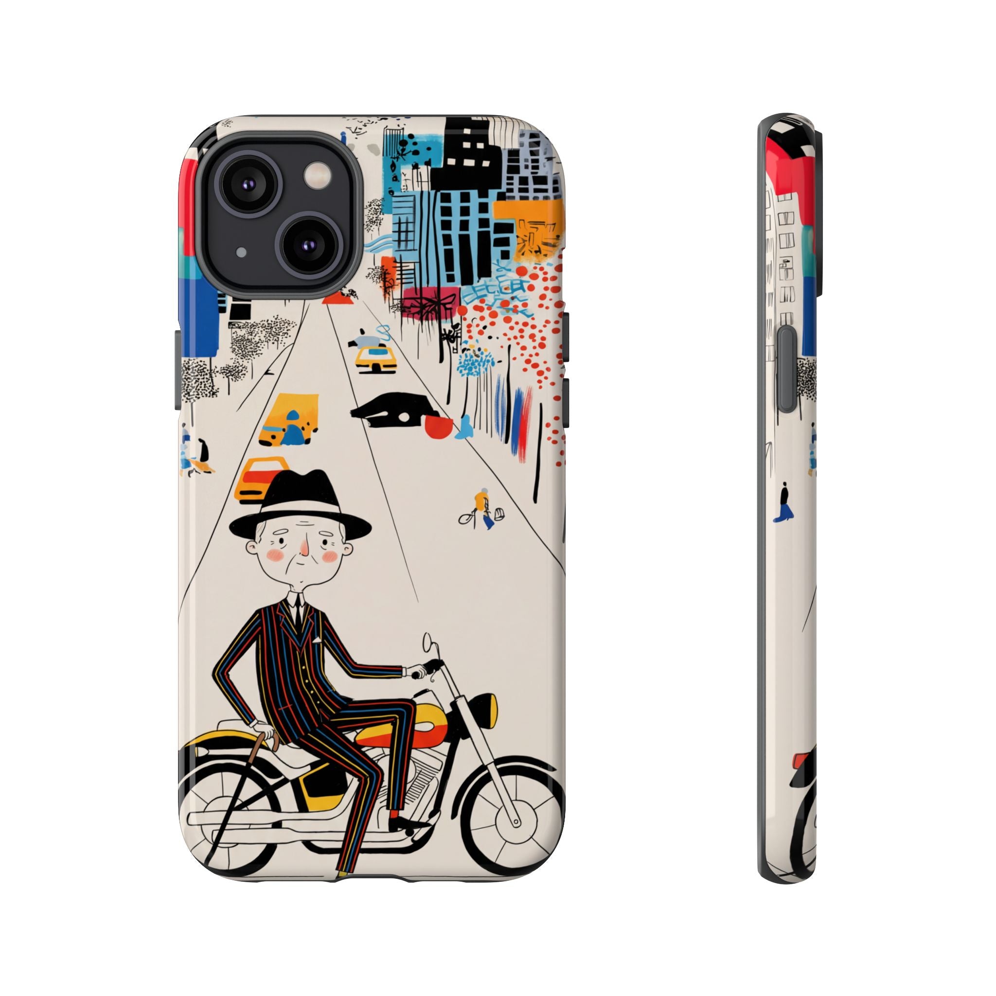 Vintage Grandpa Rider Motorcycle iPhone Case | Illustrated Cityscape