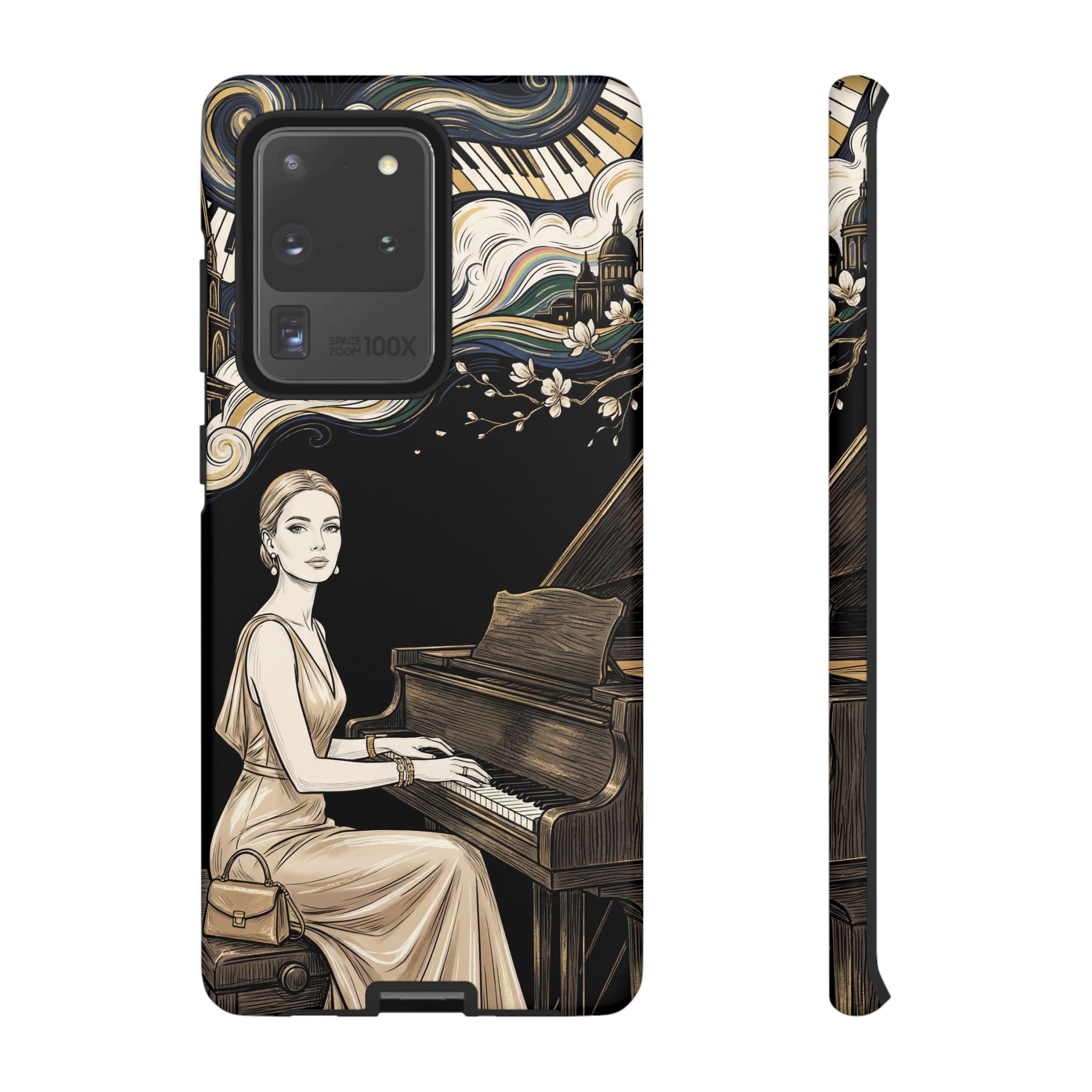 Elegant Piano Woman Samsung Galaxy Phone Case | Vintage Art Deco Music Design
