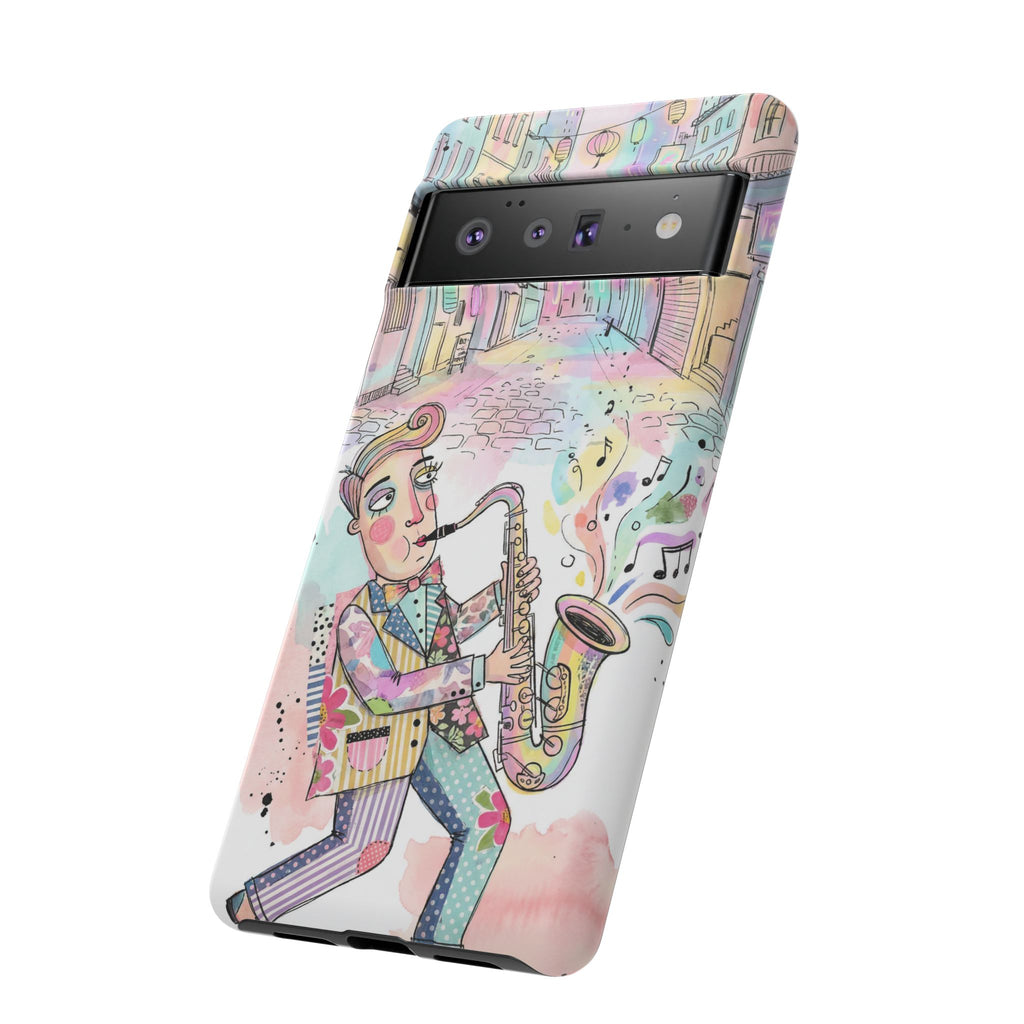 Custodia per telefono Google Pixel "Sax Player Art" | Illustrazione Jazz Stradale Pastello