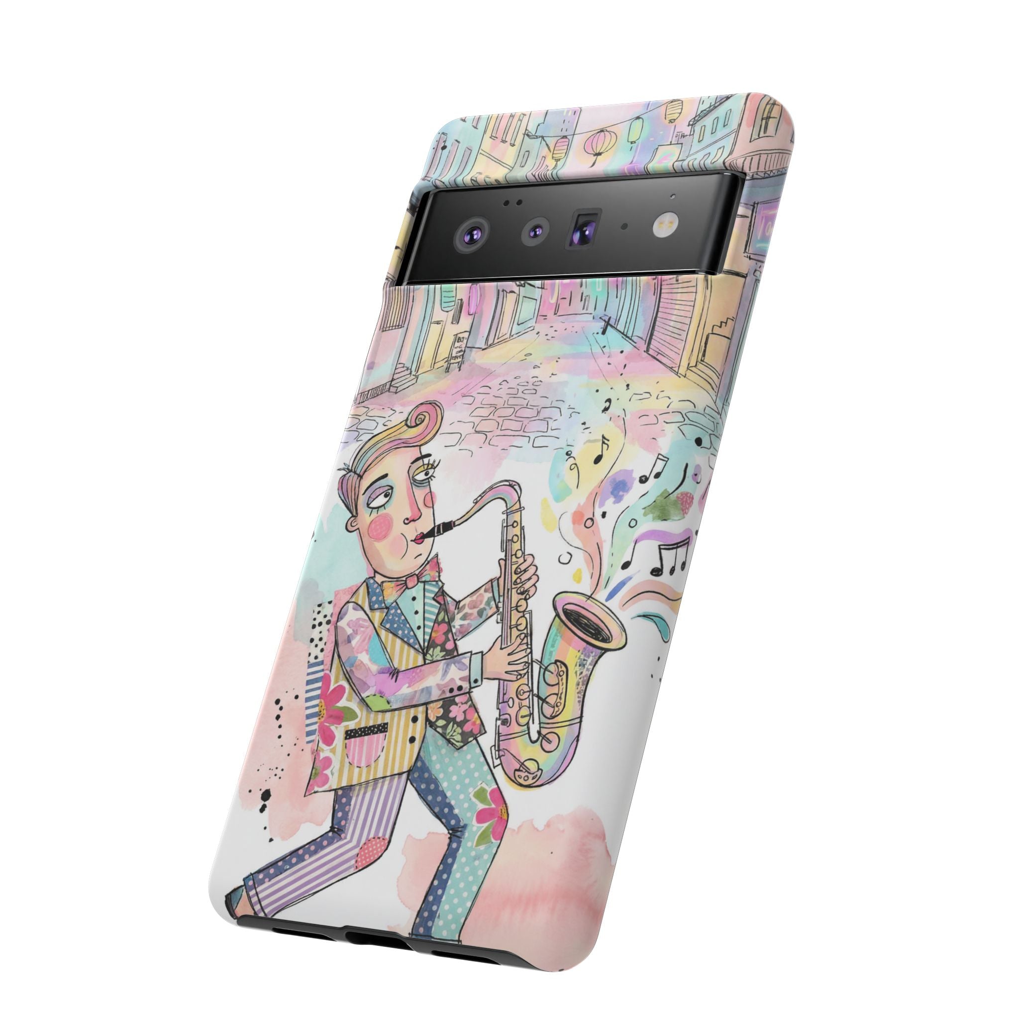 Custodia per telefono Google Pixel "Sax Player Art" | Illustrazione Jazz Stradale Pastello