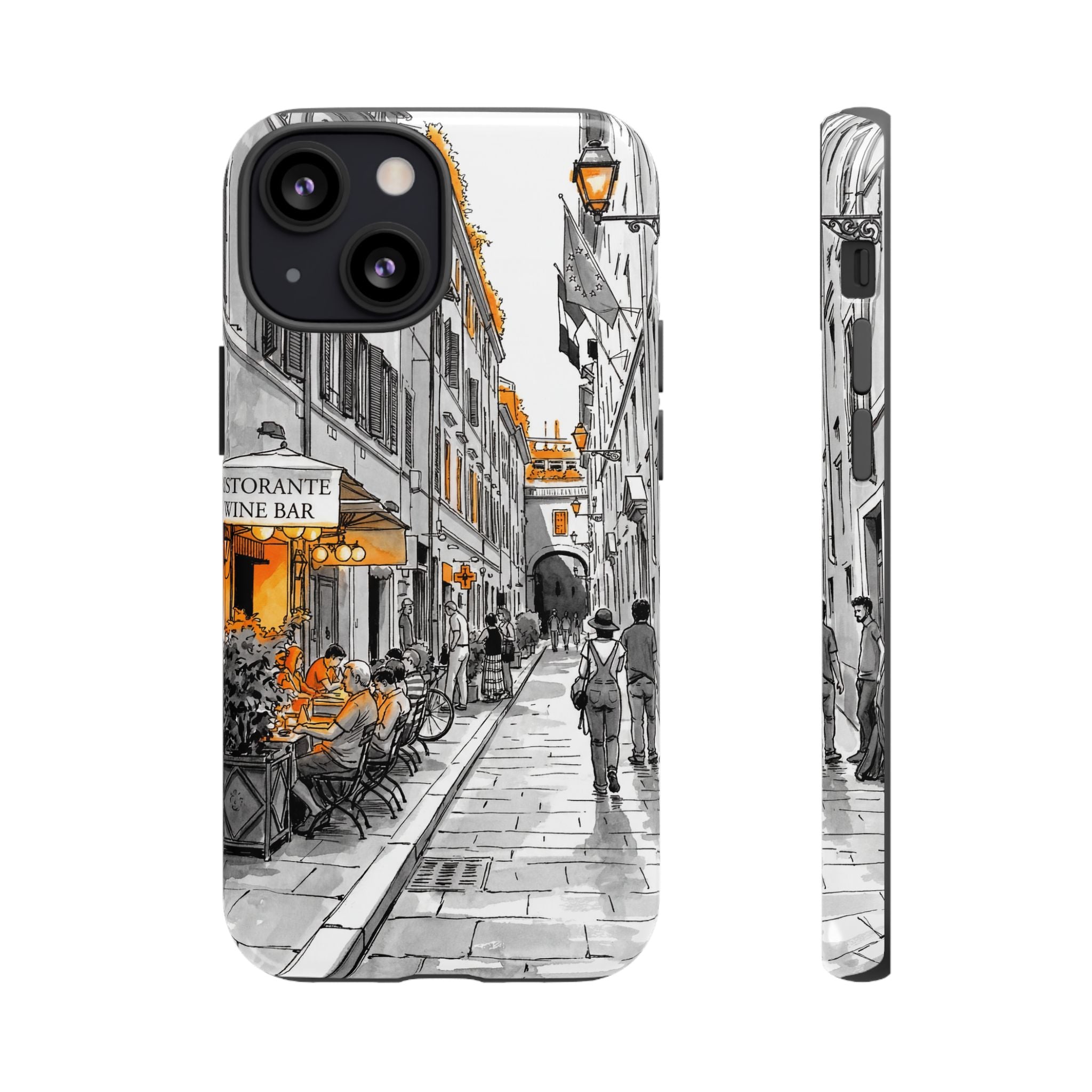 Vintage Italy Street iPhone Case | Black & White Sketch with Orange Accent