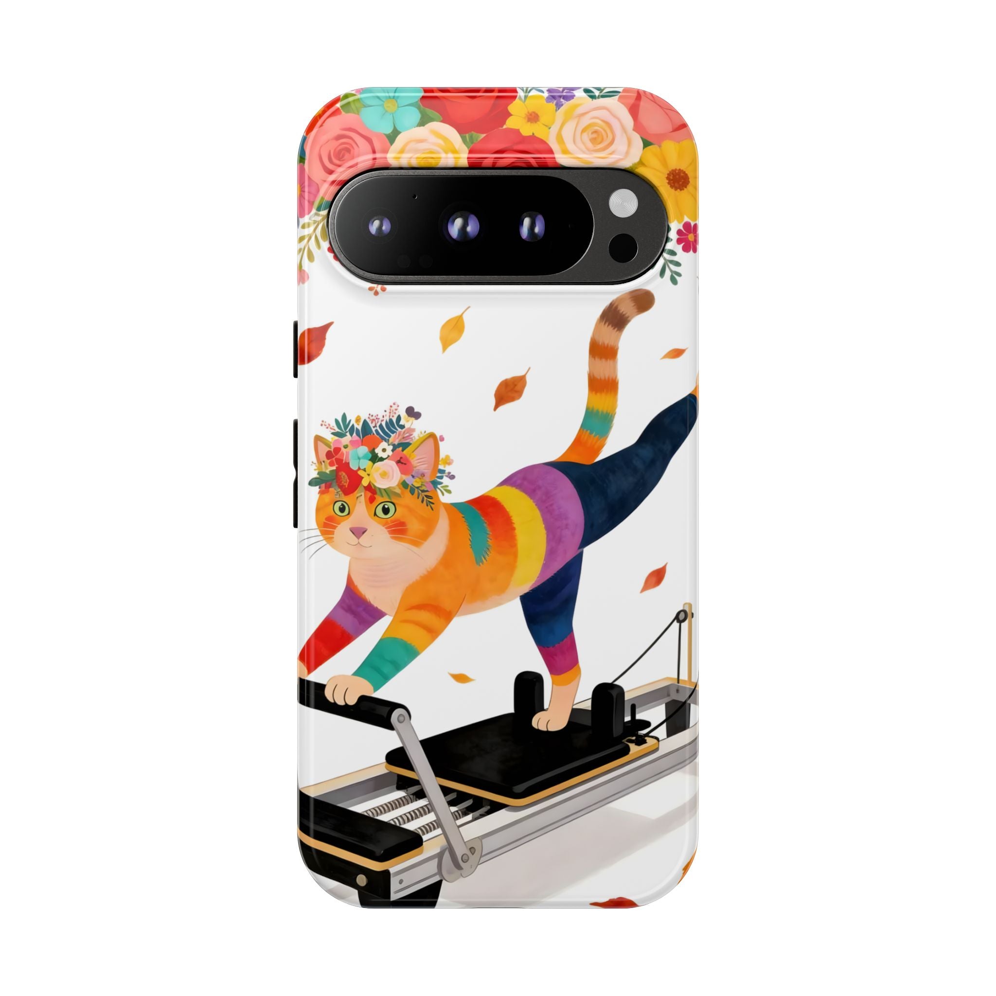 Cat Pilates Google Pixel Phone Case | Floral Rainbow Cat on Reformer