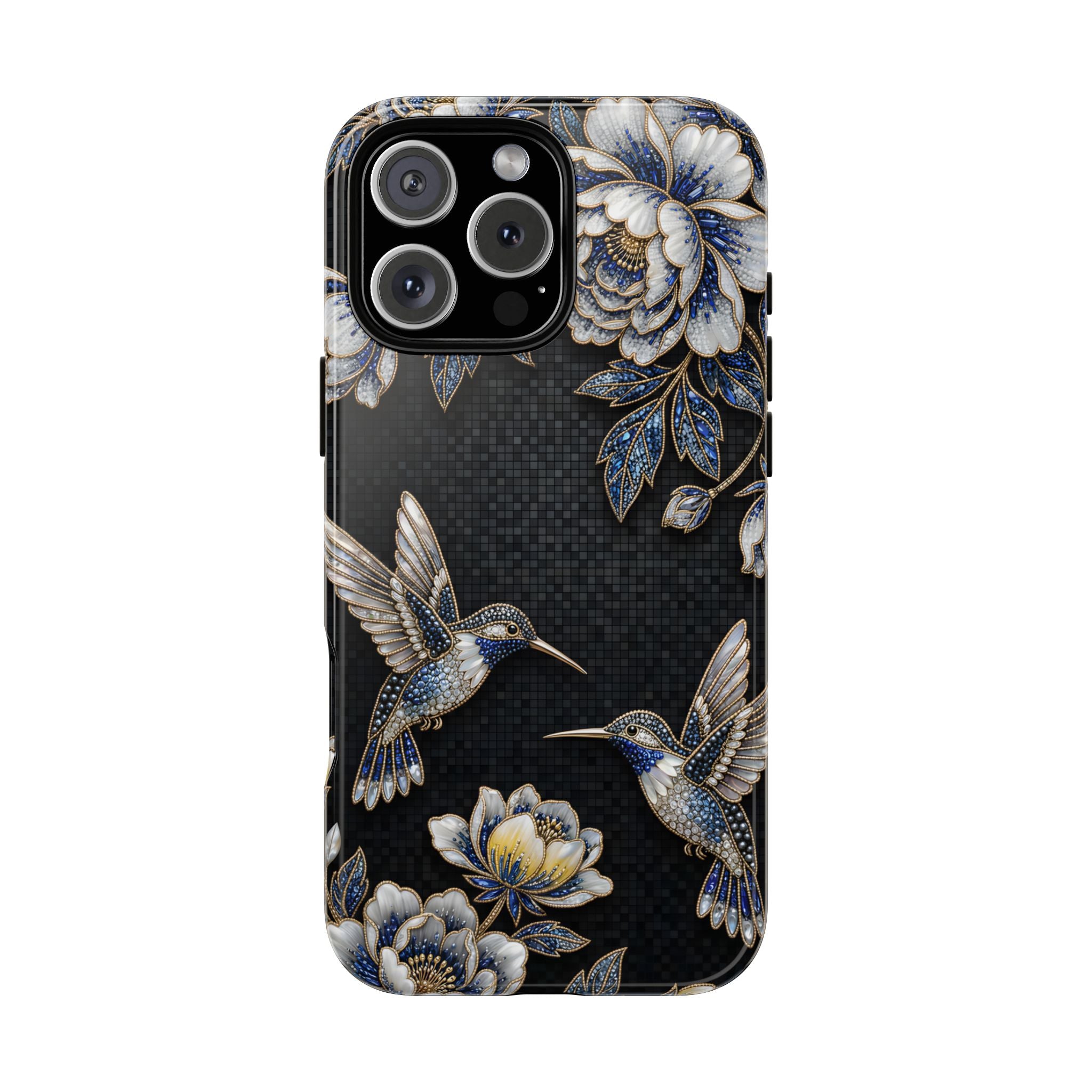 Hummingbird & Peony Floral iPhone Case | Elegant Black Protective Cover