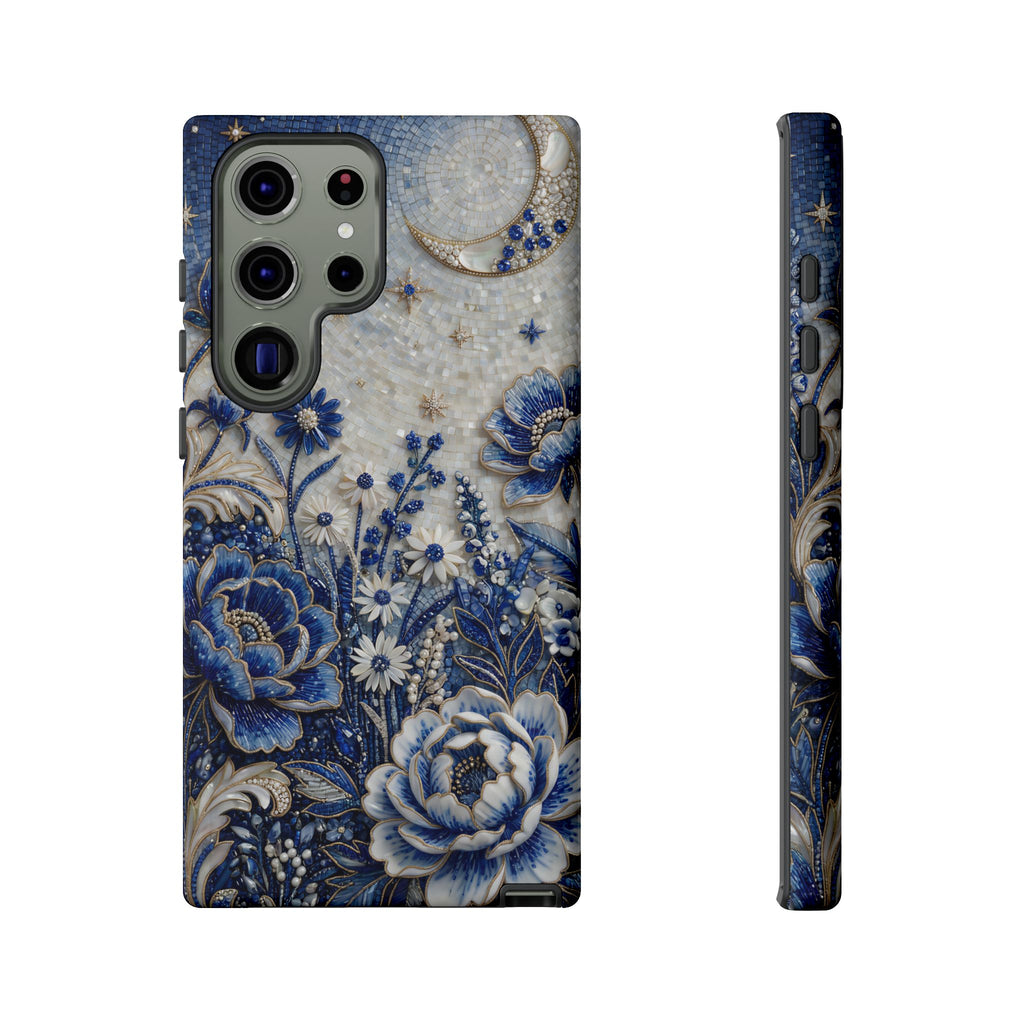 Blue Floral Moon Samsung Galaxy Phone Case | Vintage Botanical Night Sky Protective Case
