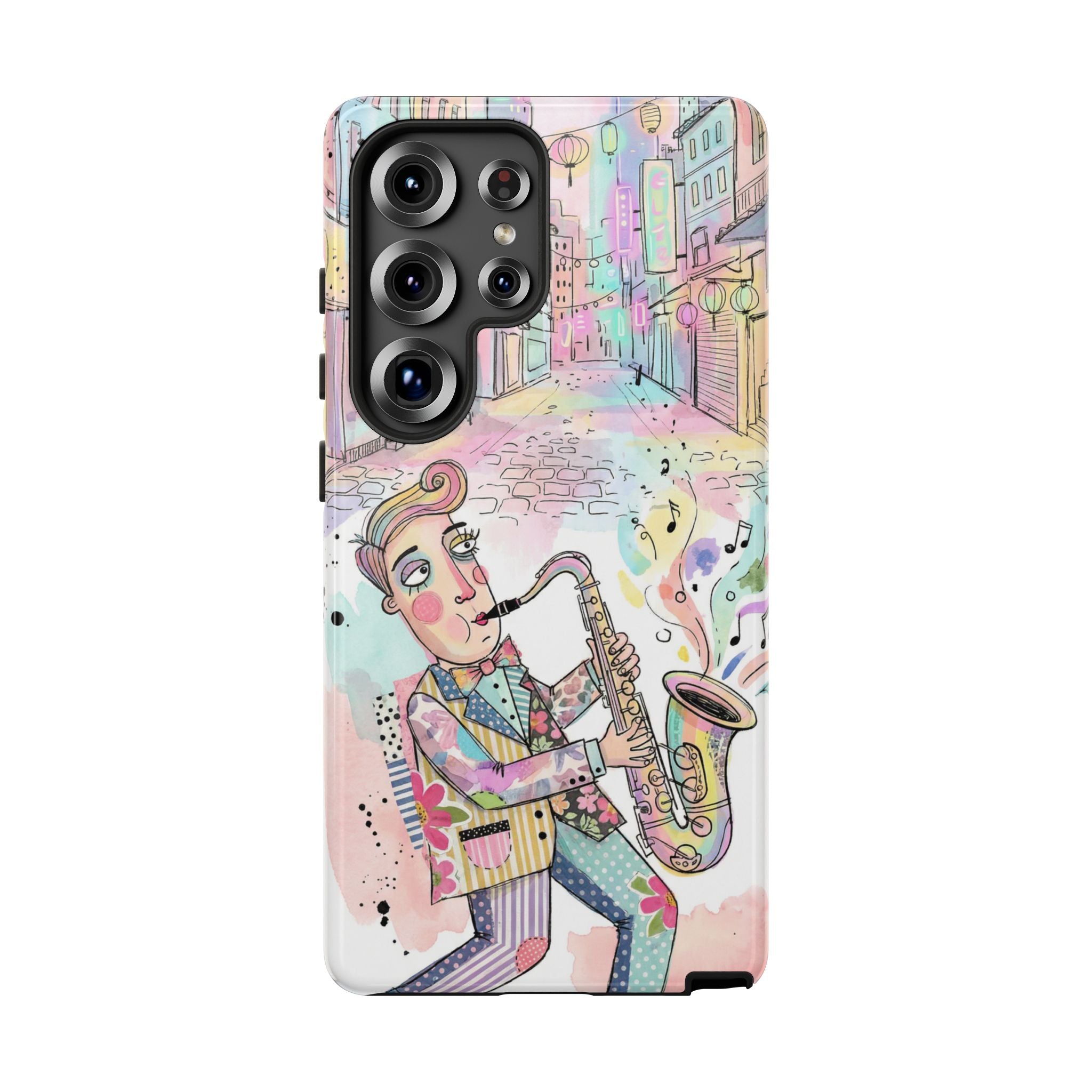Sax Player Art Samsung Galaxy Phone Case | Pastel Jazz Street Illustration