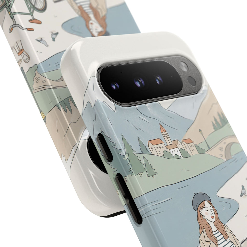 Scenic Picnic Google Pixel Phone Case | Vintage Bicycle & Mountain Illustration