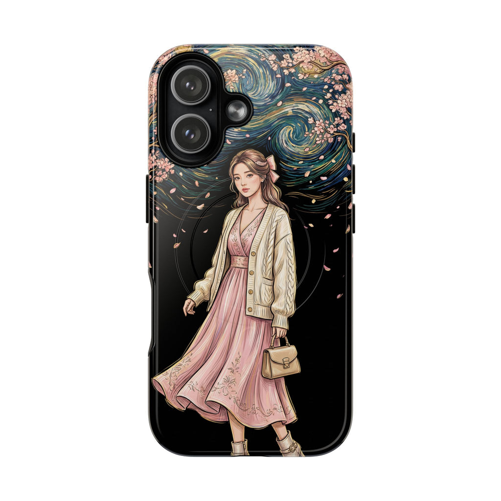 Floral Starry Night MagSafe iPhone Case | Elegant Girl in Pink Dress