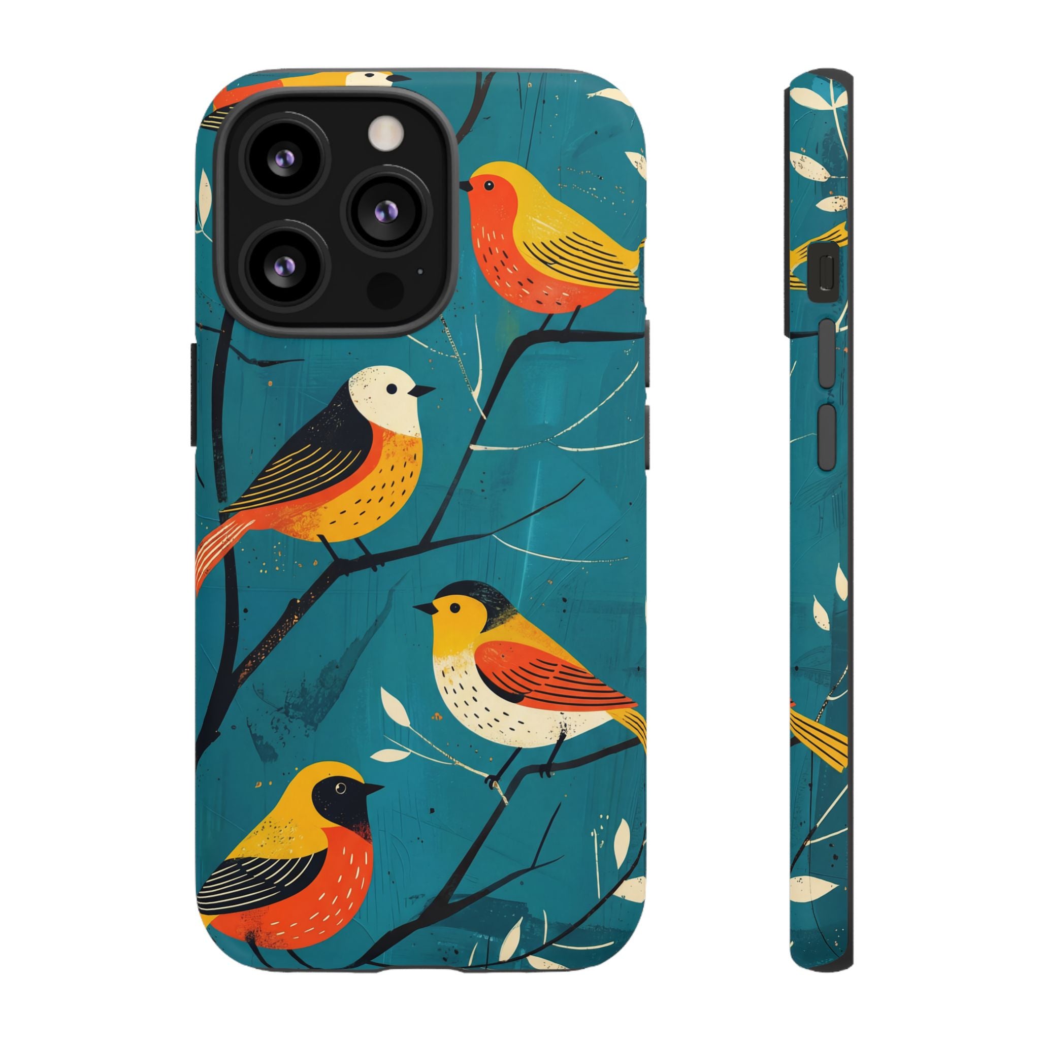 Bird Pattern Tough iPhone Case | Colourful Songbirds on Teal Background