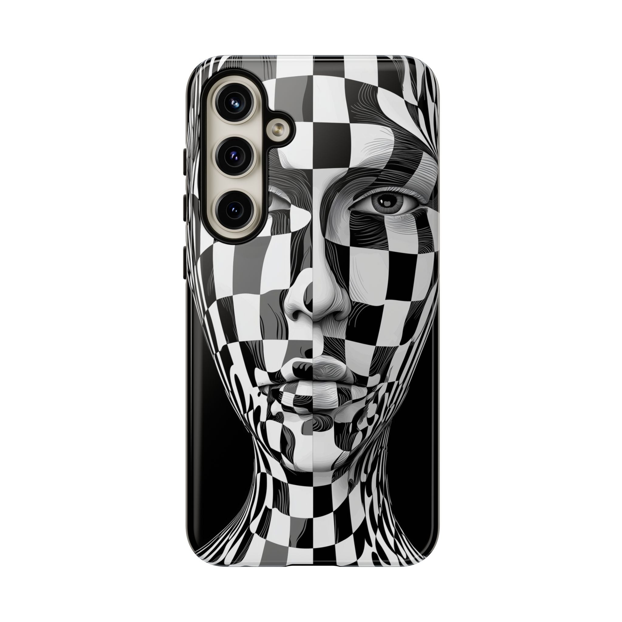 Checkerboard Face Tough Samsung Galaxy Case — Black & White Surreal Art Protective Cover
