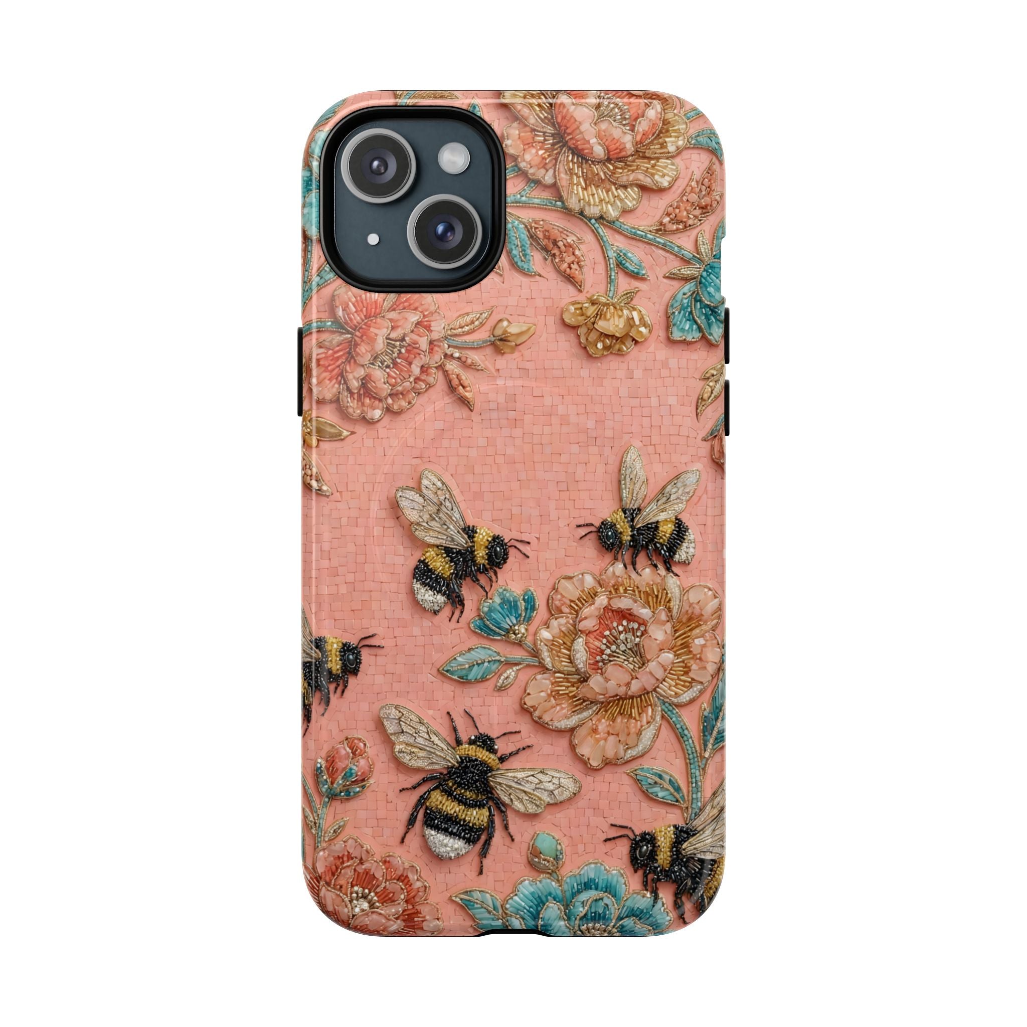 Floral Bee Tough MagSafe iPhone Case | Vintage Pink Garden Protective Cover